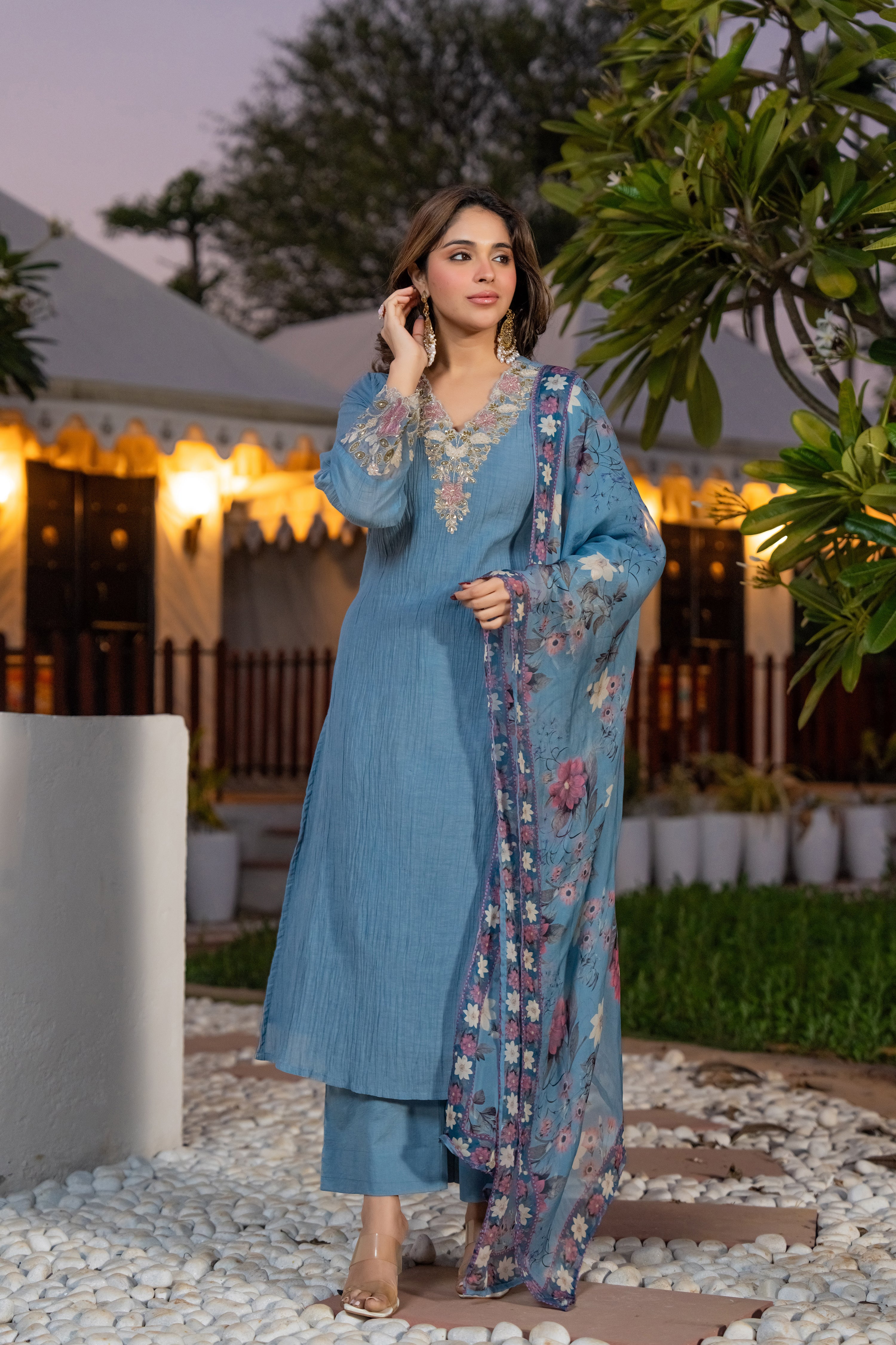 Powder Blue Crush Cotton  Embroidered Suit Set