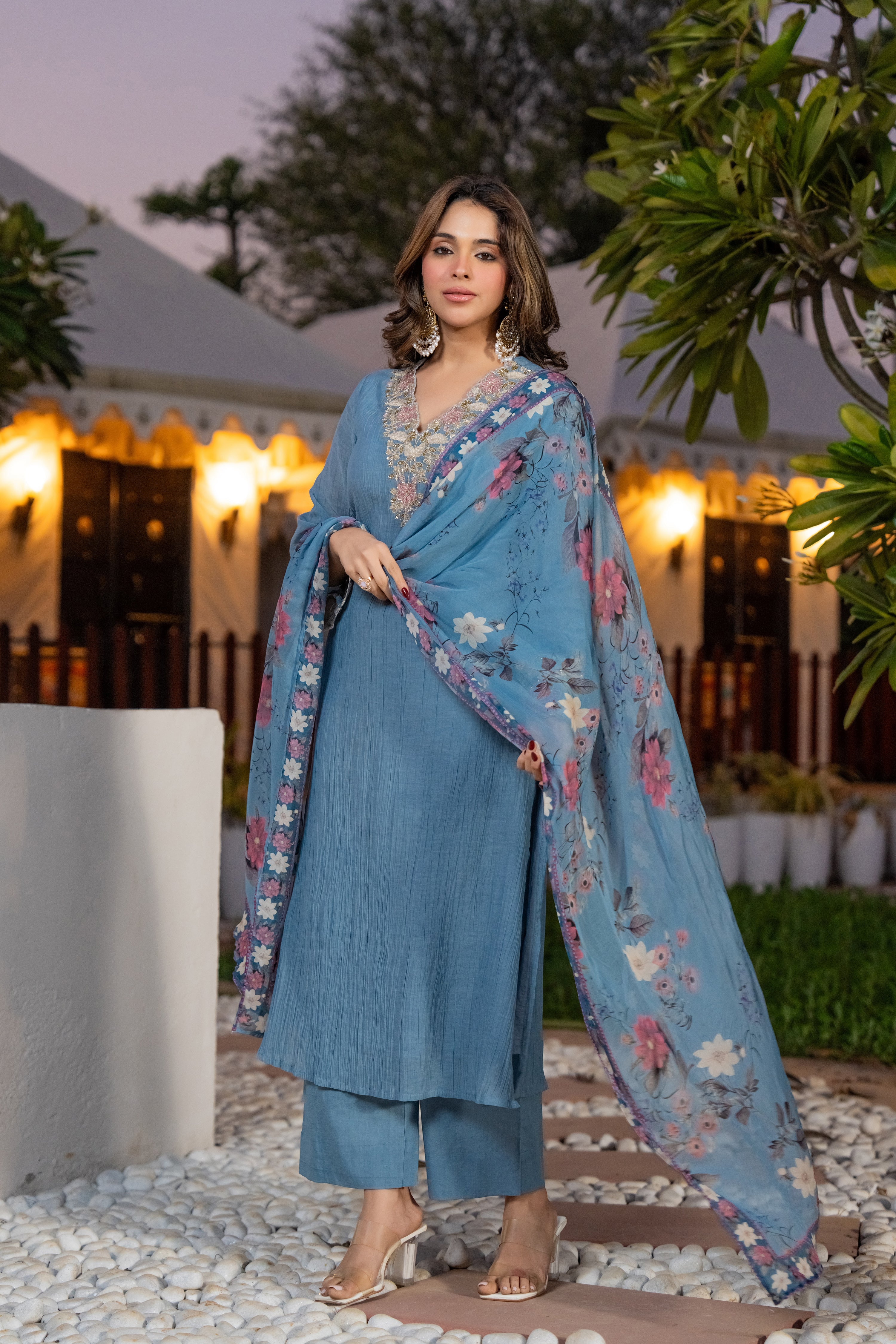 Powder Blue Crush Cotton  Embroidered Suit Set