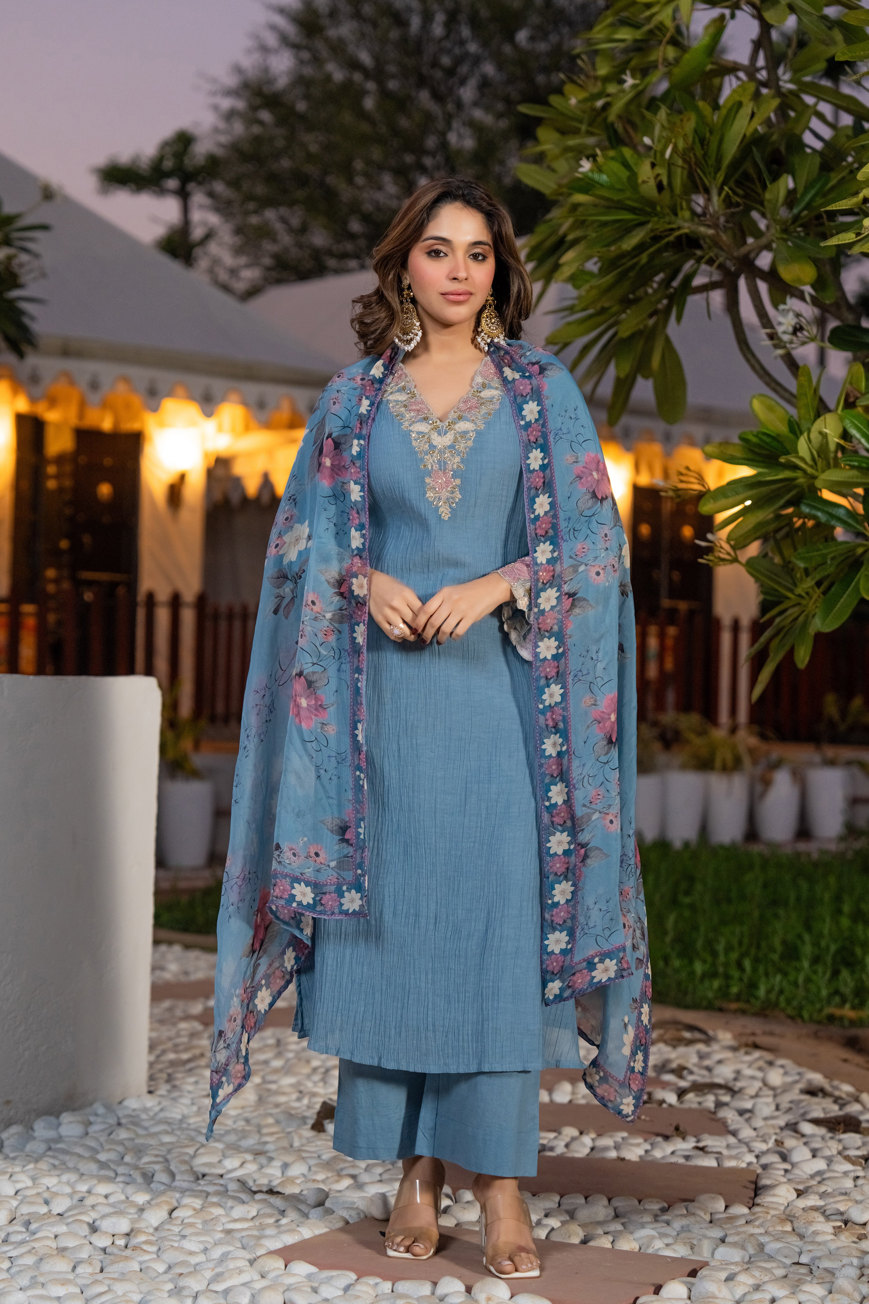 Powder Blue Crush Cotton  Embroidered Suit Set