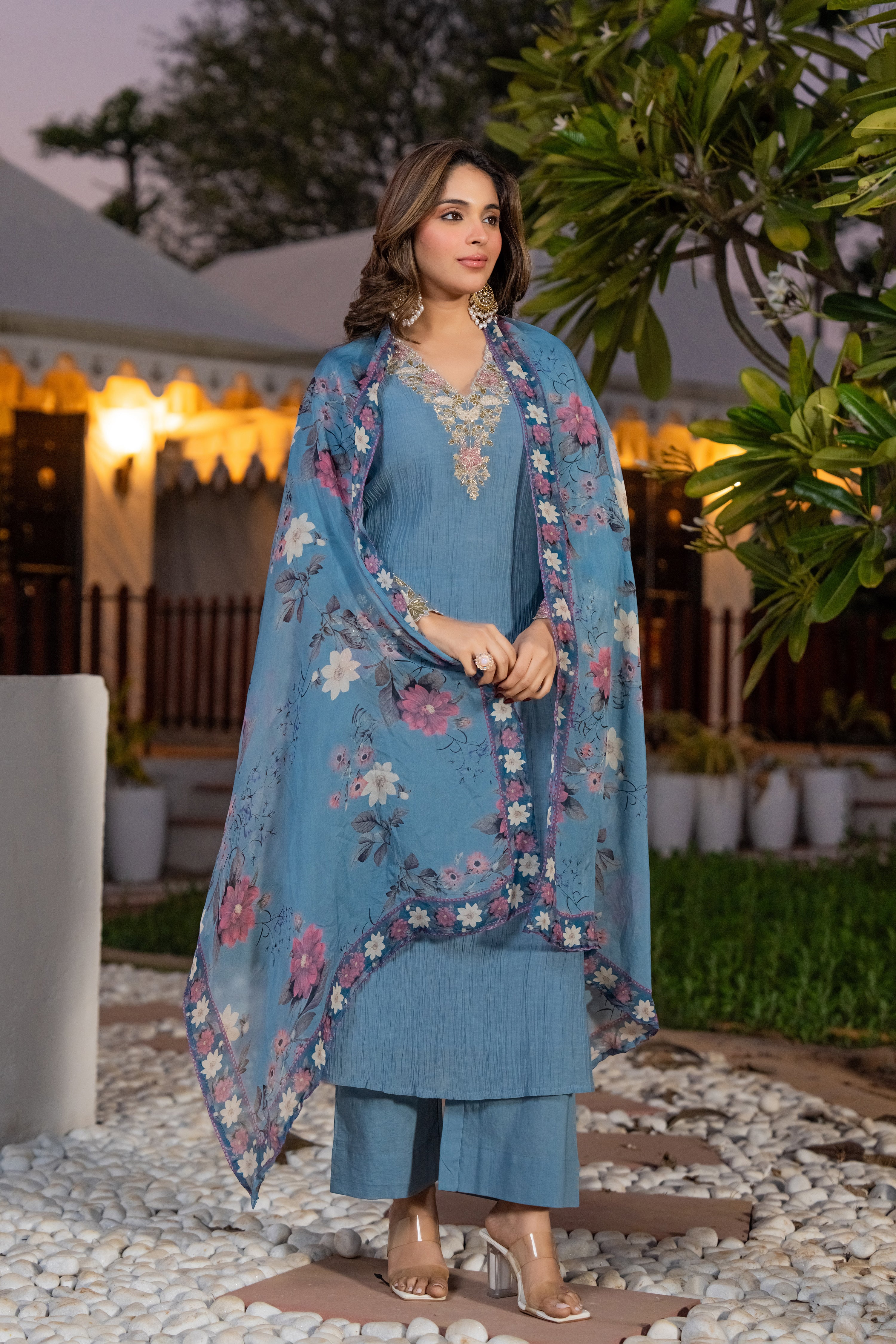 Powder Blue Crush Cotton  Embroidered Suit Set