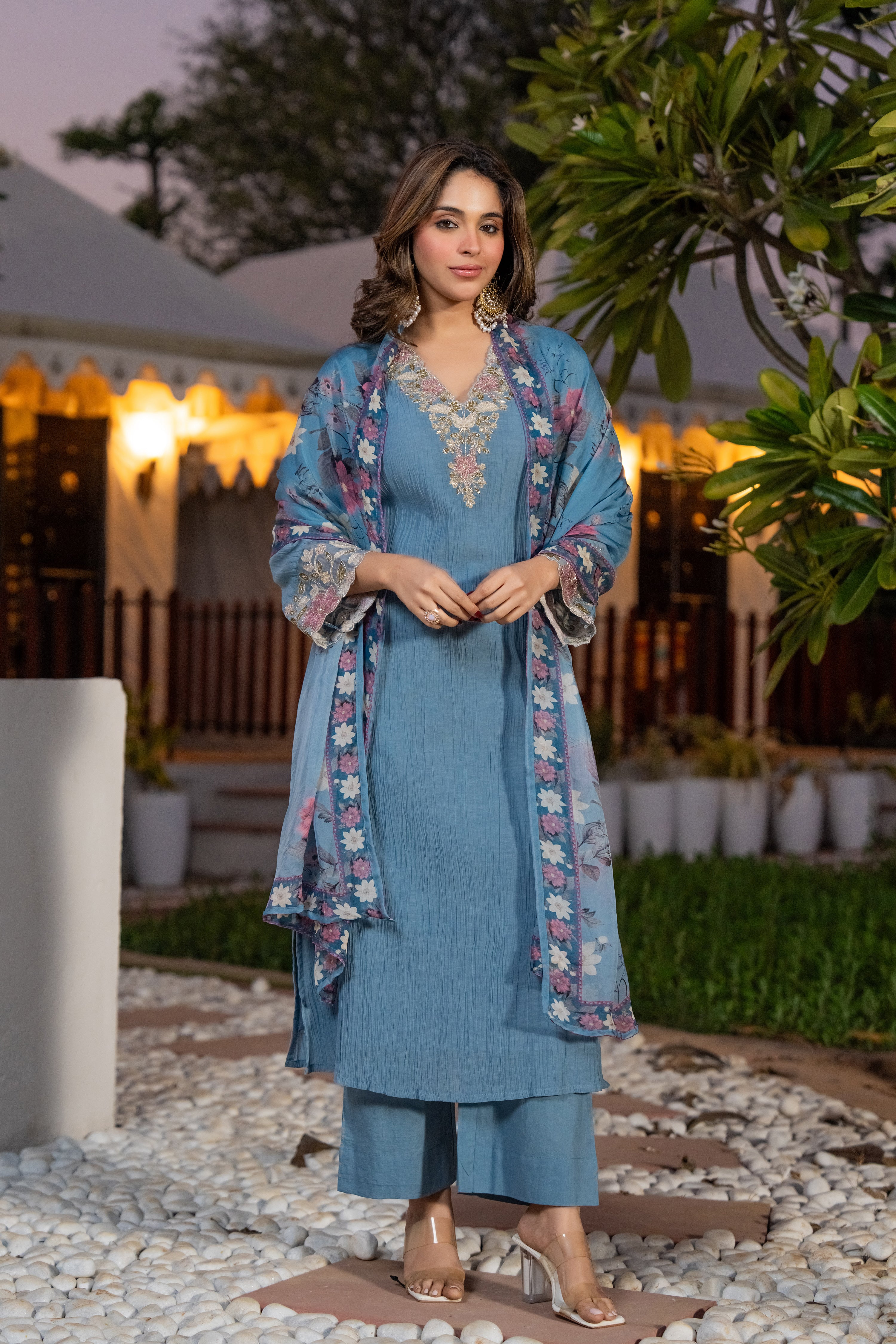Powder Blue Crush Cotton  Embroidered Suit Set