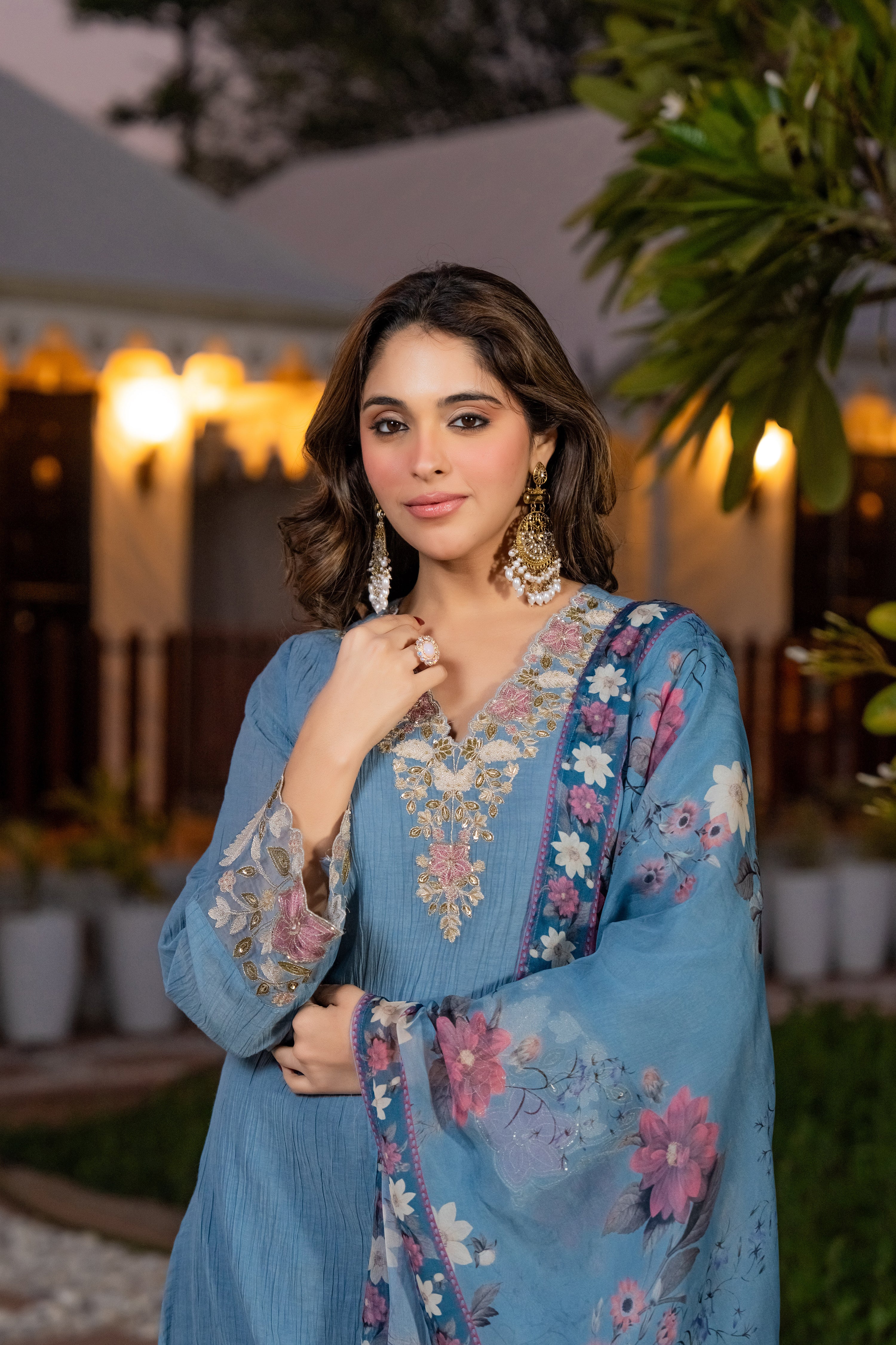 Powder Blue Crush Cotton  Embroidered Suit Set