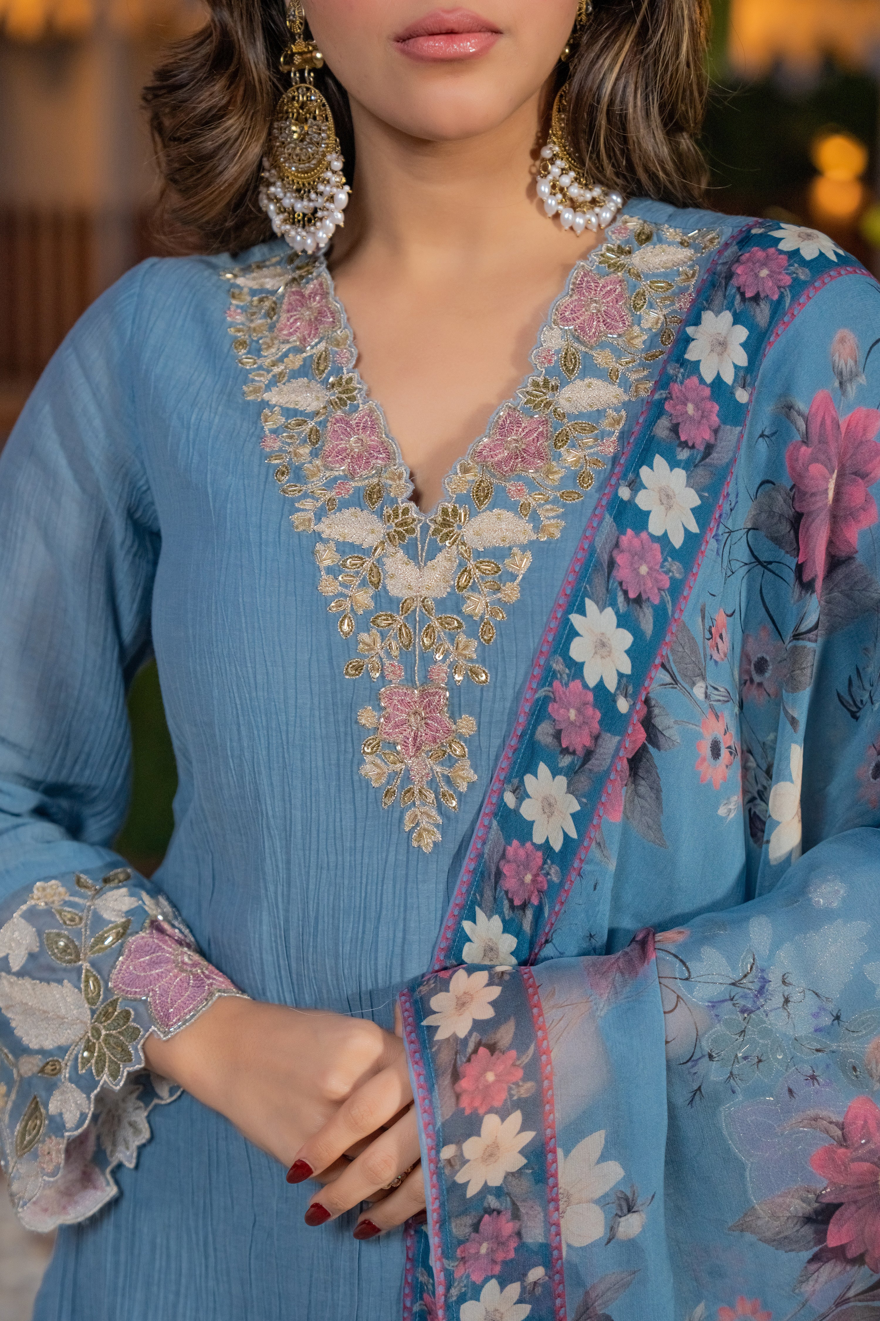 Powder Blue Crush Cotton  Embroidered Suit Set