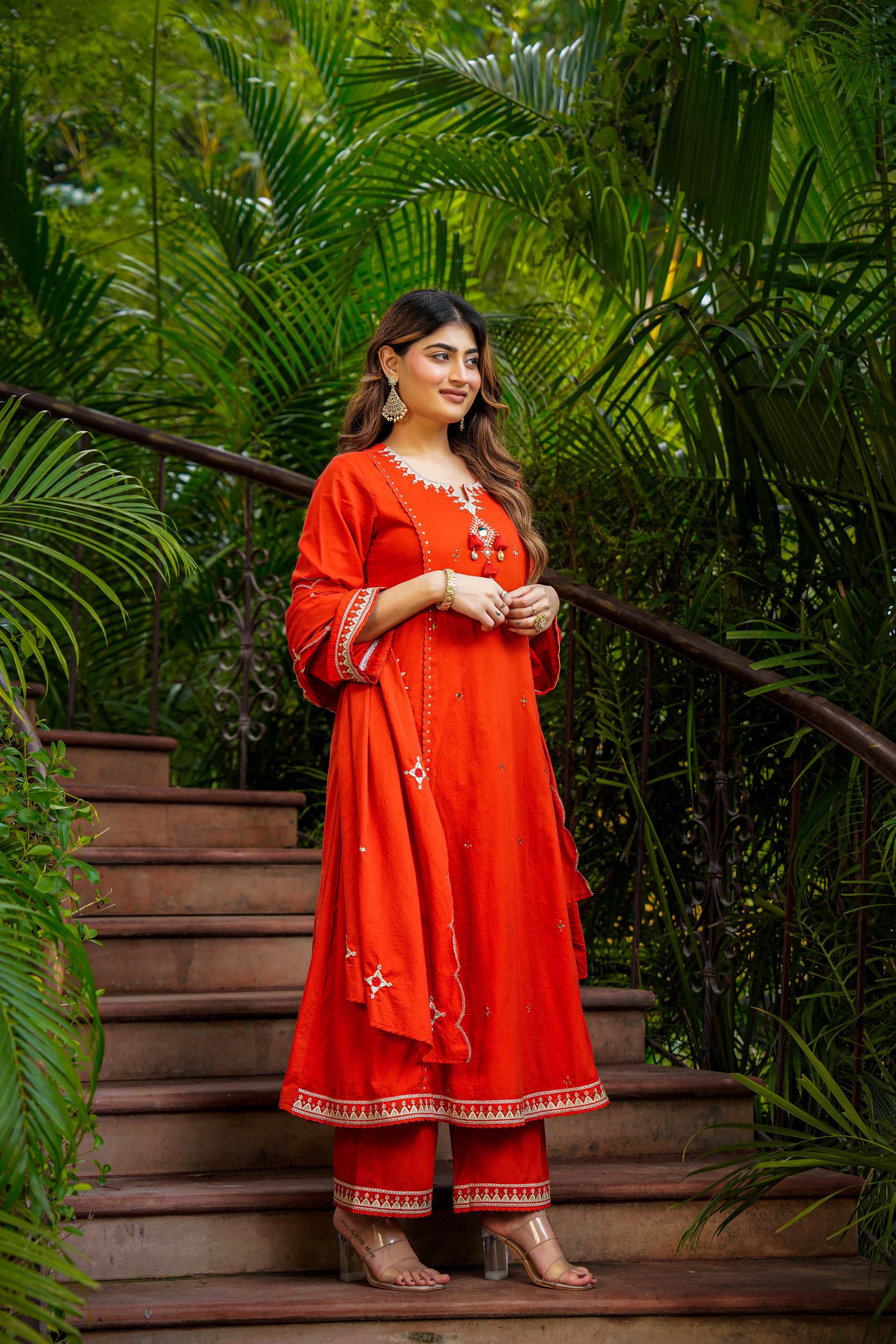 Rust Bloom Flared Mul Cotton Suit Set