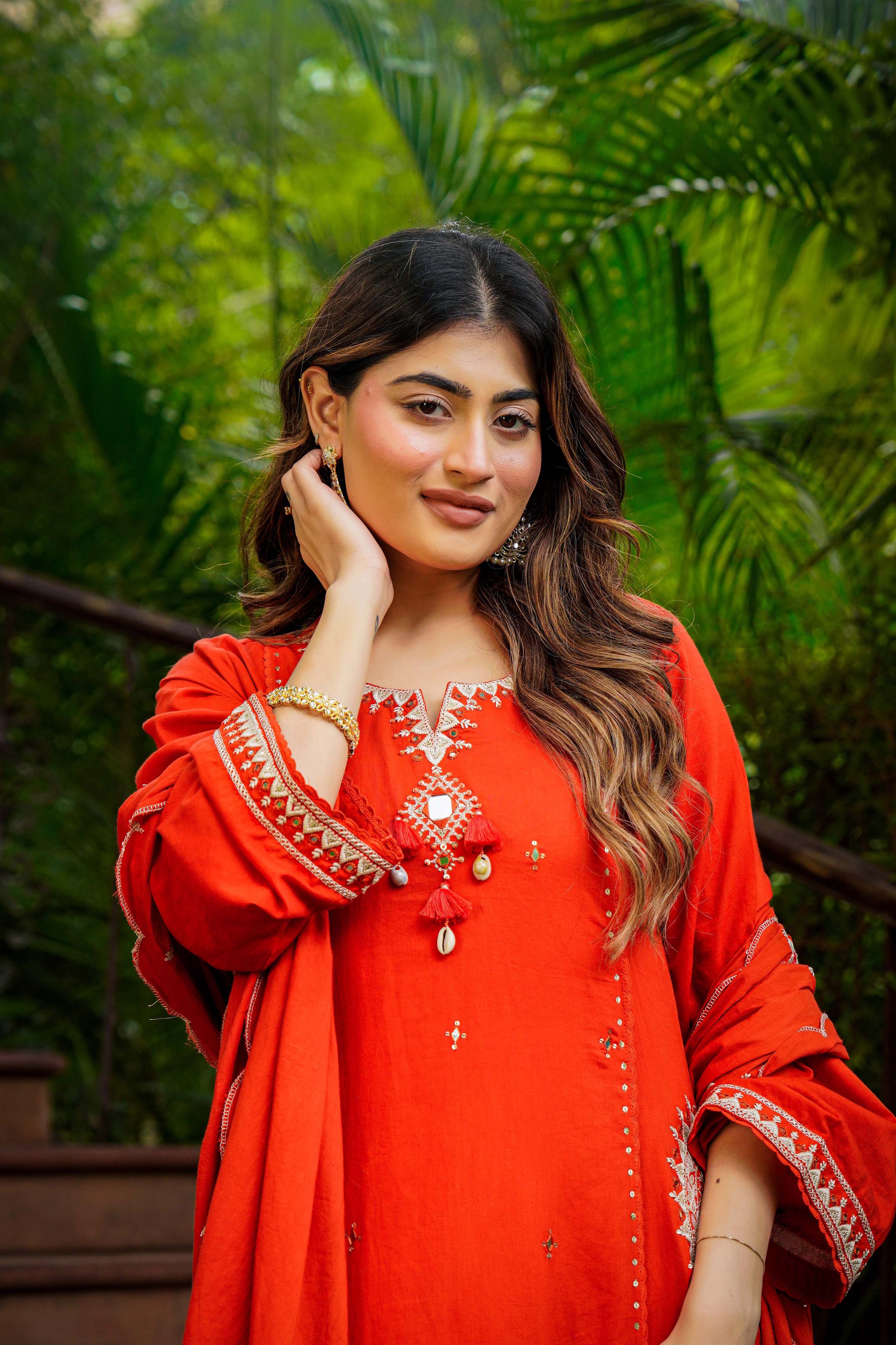 Rust Bloom Flared Mul Cotton Suit Set