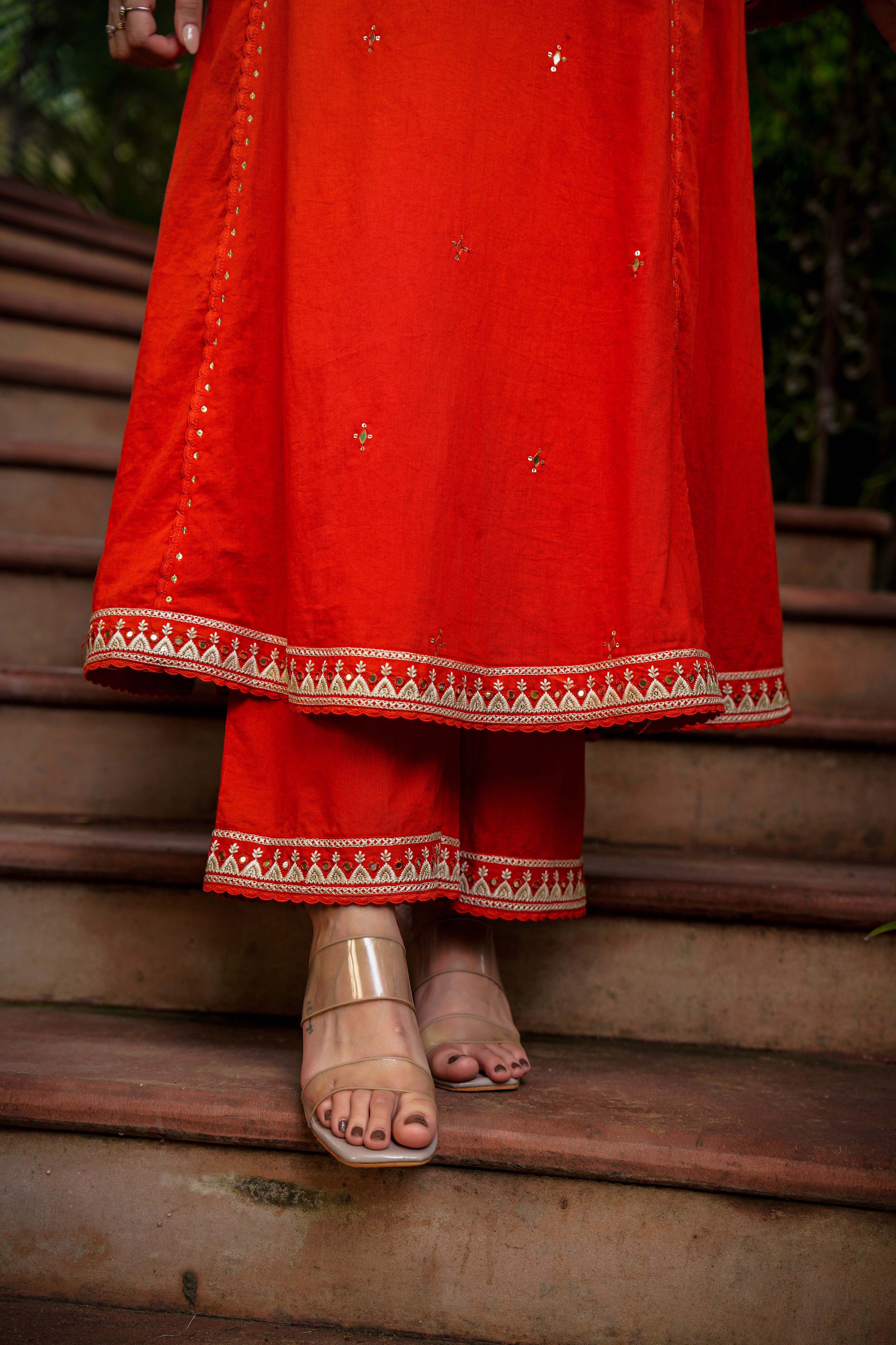 Rust Bloom Flared Mul Cotton Suit Set