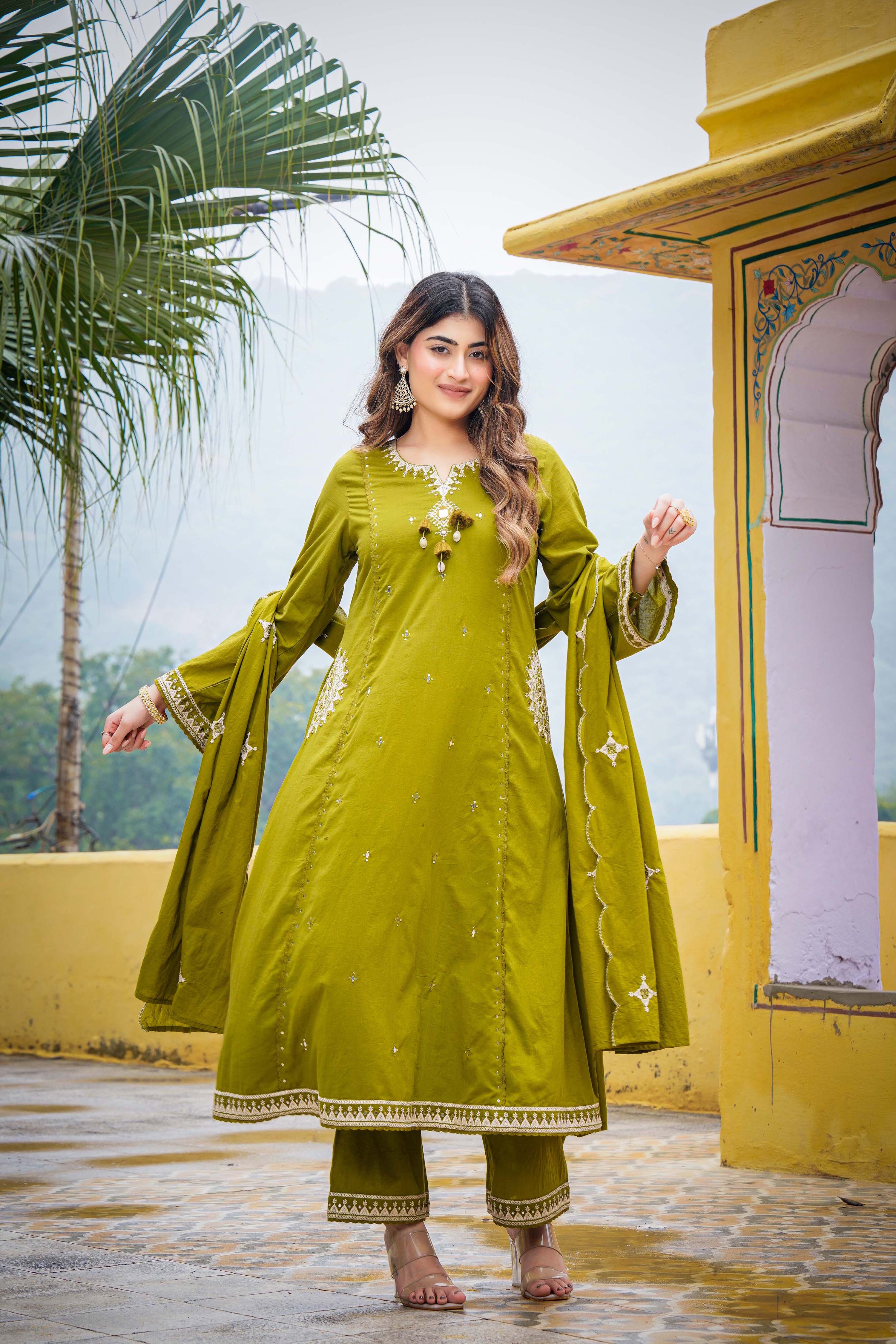 Olive Bloom Flared Mul Cotton Suit Set
