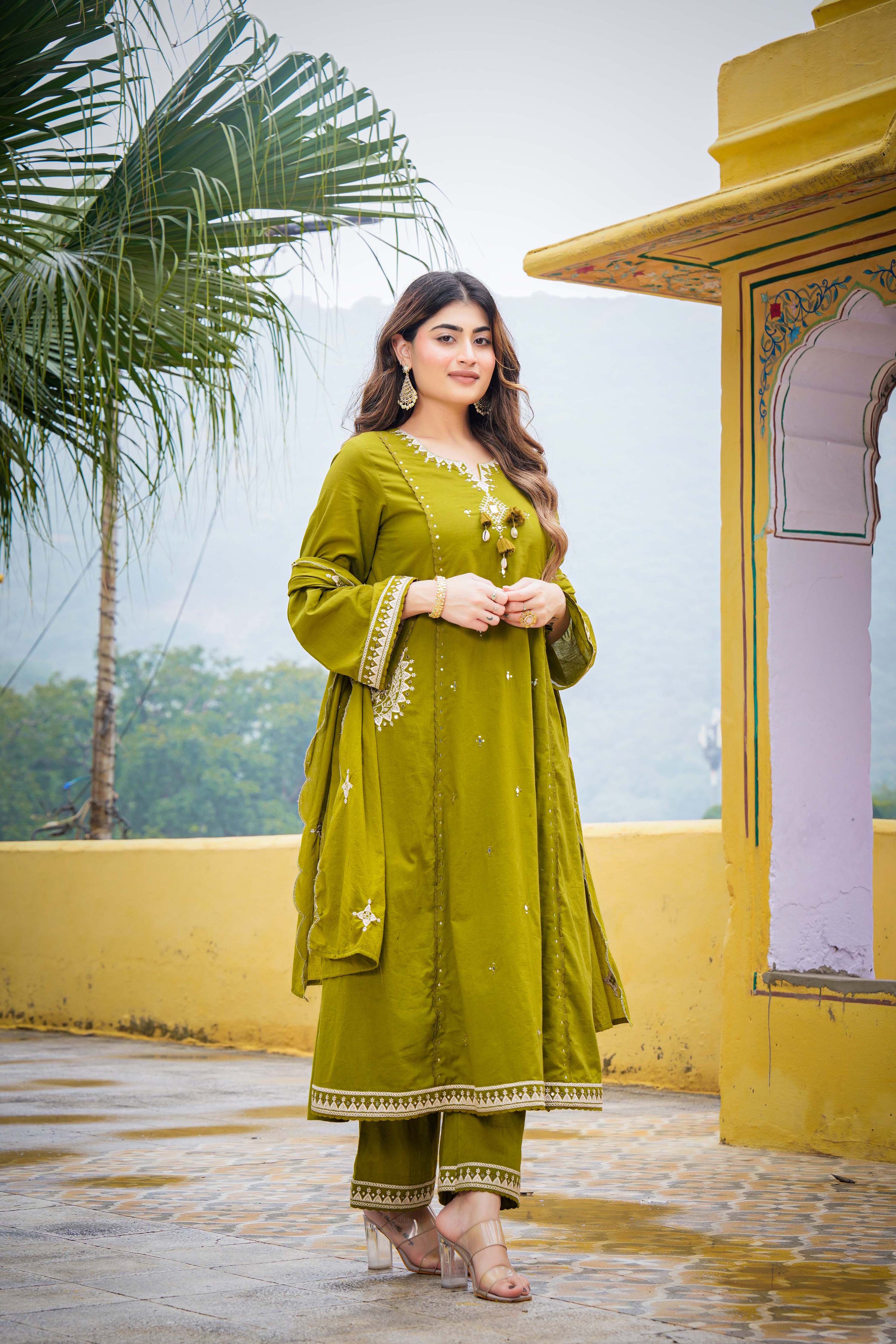 Olive Bloom Flared Mul Cotton Suit Set