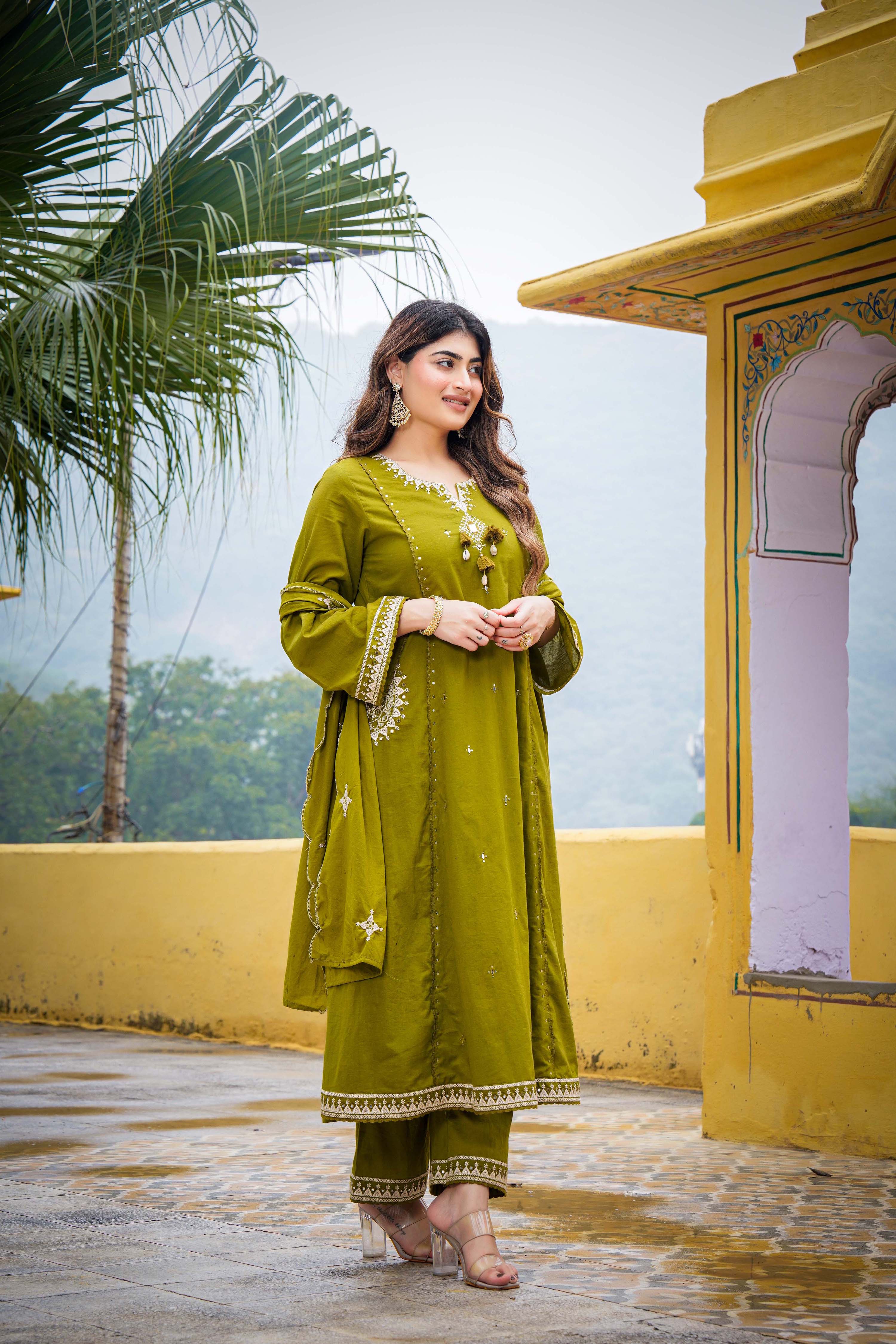 Olive Bloom Flared Mul Cotton Suit Set