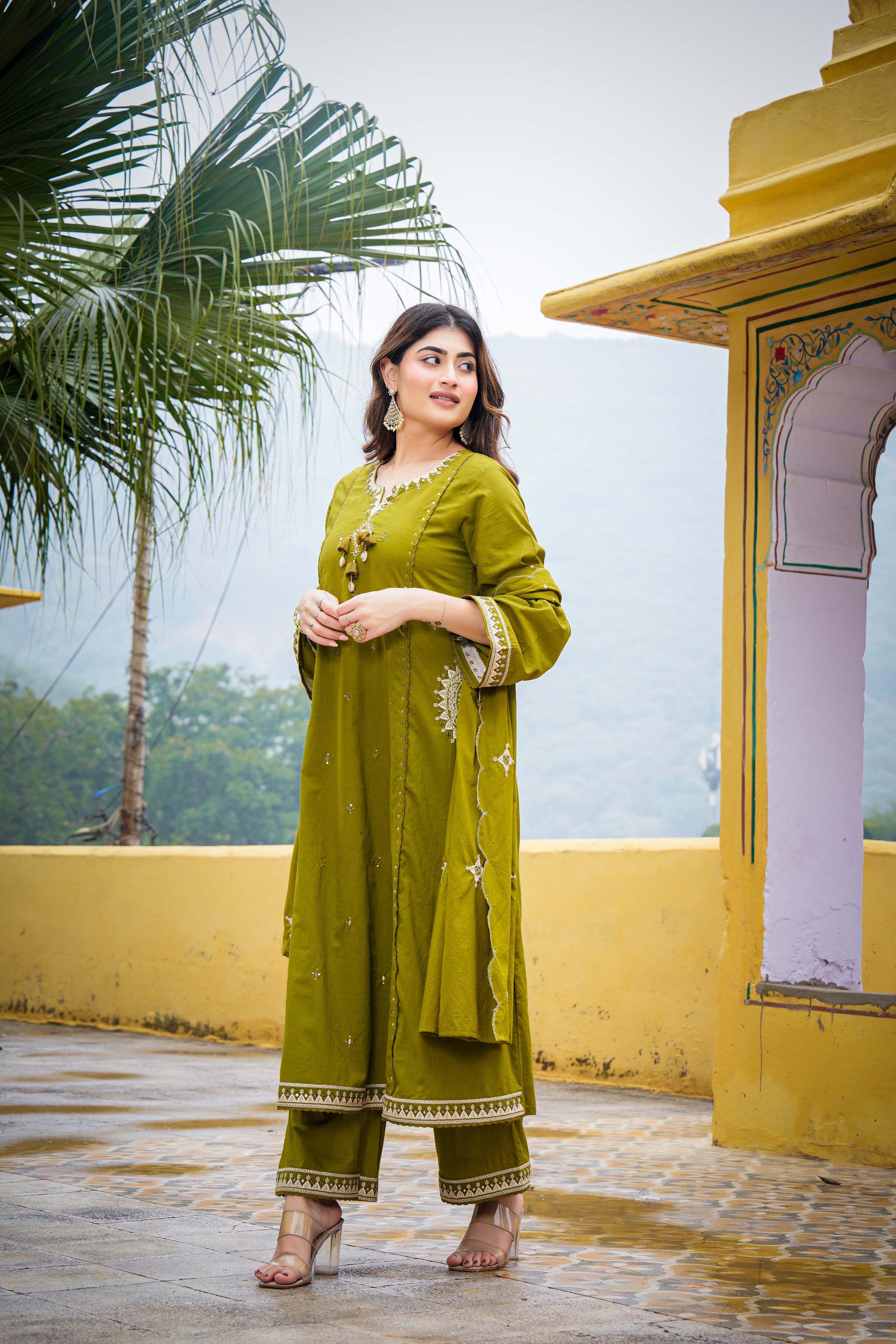 Olive Bloom Flared Mul Cotton Suit Set