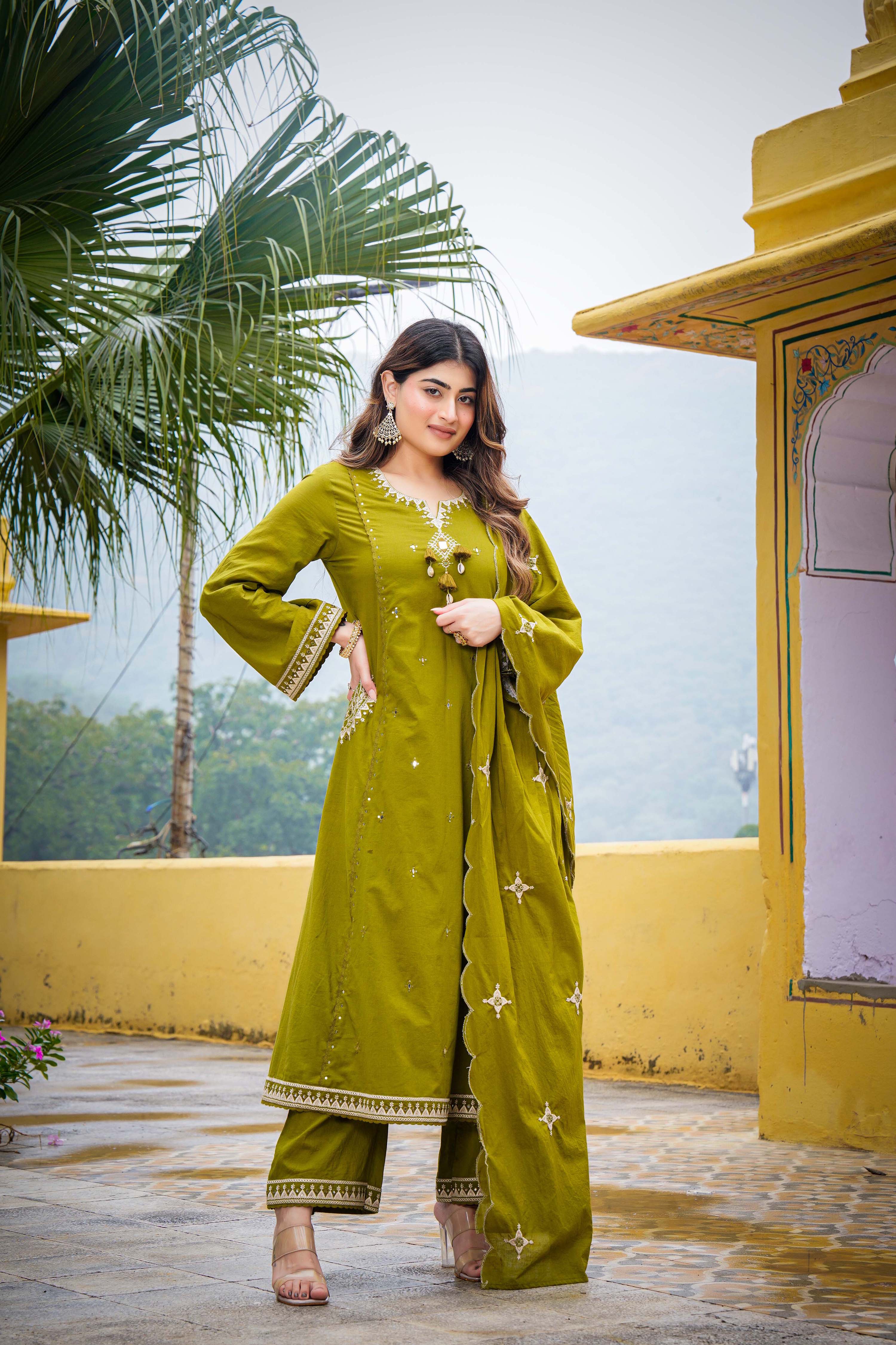 Olive Bloom Flared Mul Cotton Suit Set