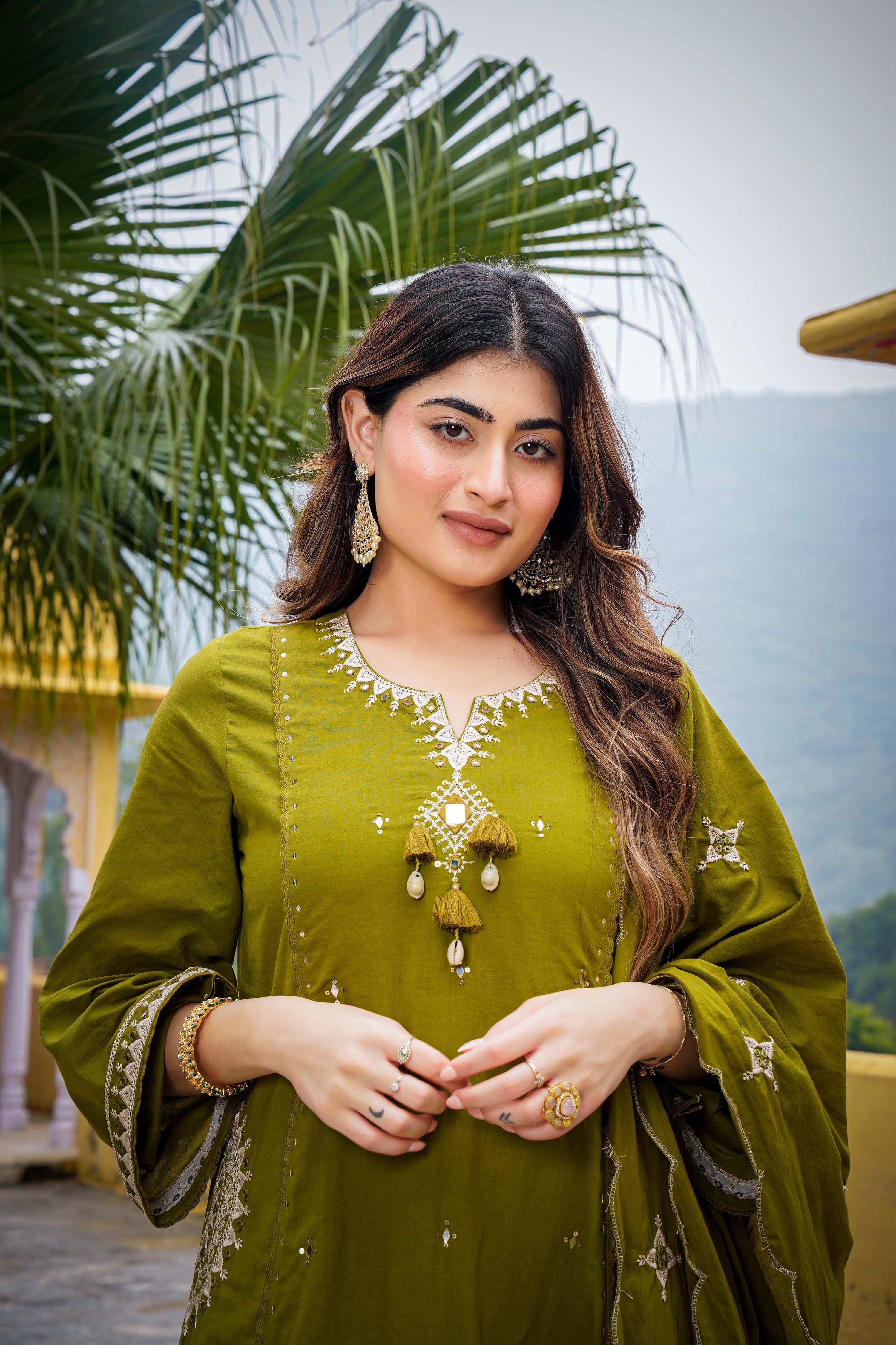 Olive Bloom Flared Mul Cotton Suit Set