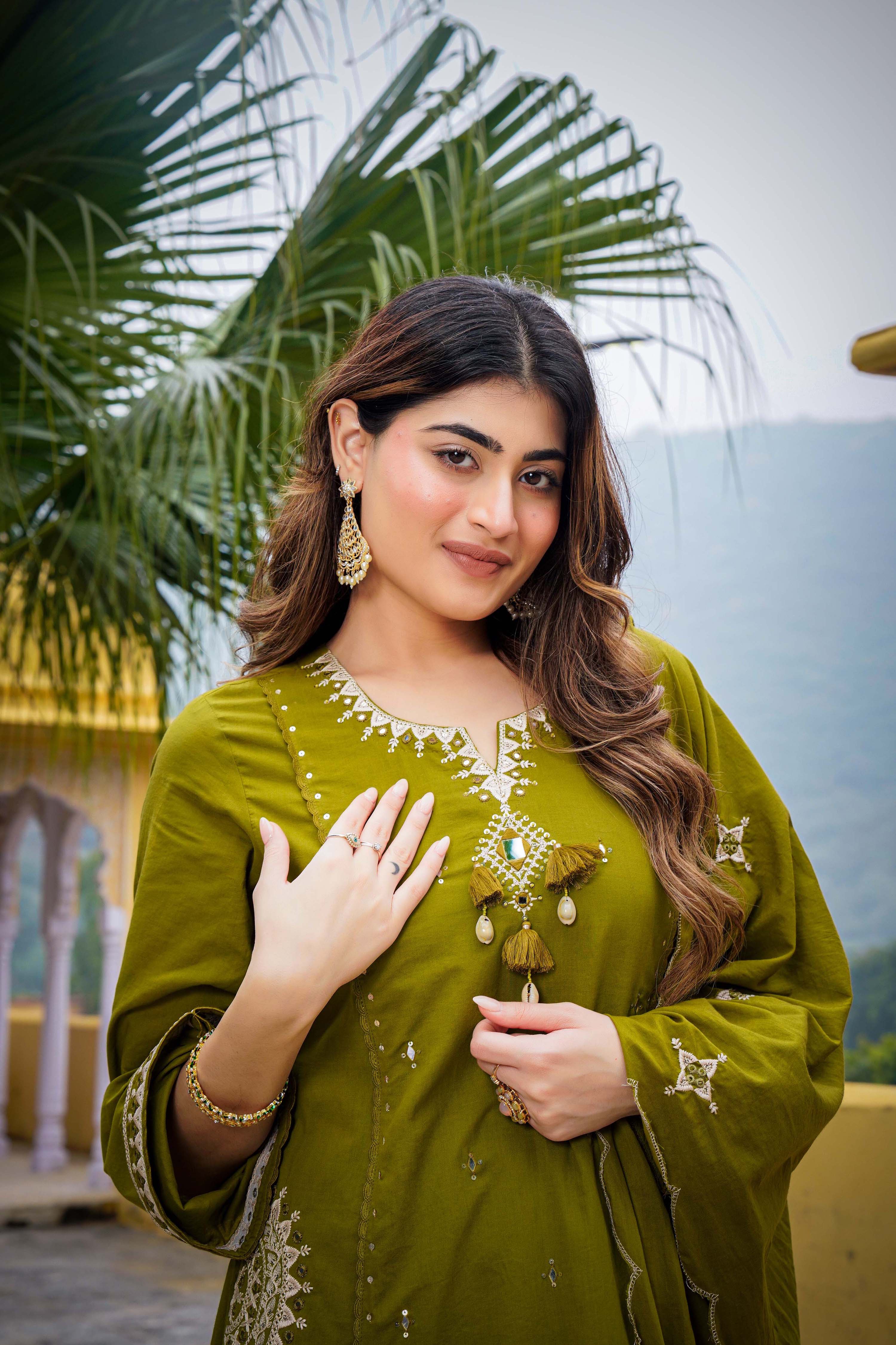 Olive Bloom Flared Mul Cotton Suit Set