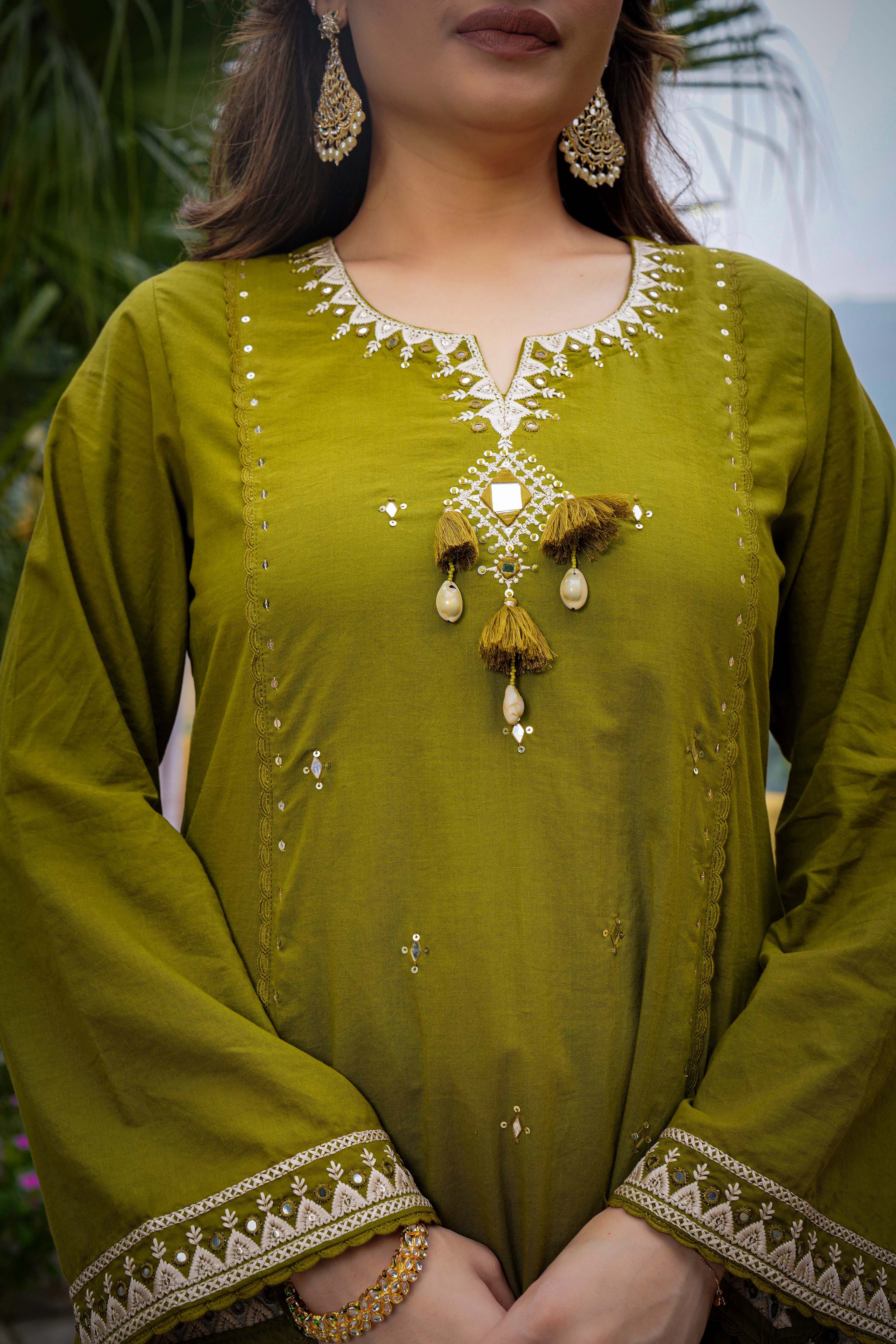 Olive Bloom Flared Mul Cotton Suit Set