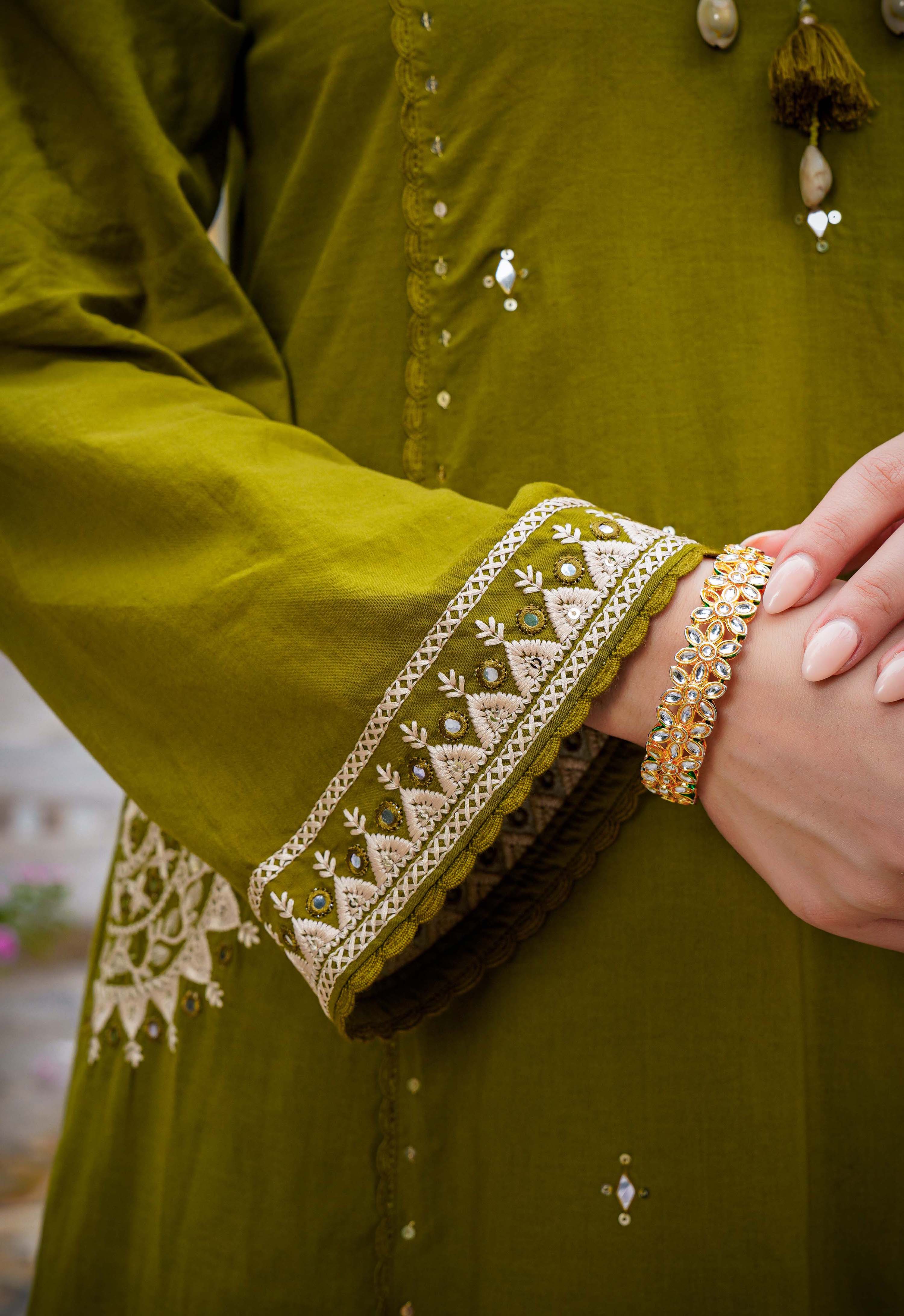 Olive Bloom Flared Mul Cotton Suit Set