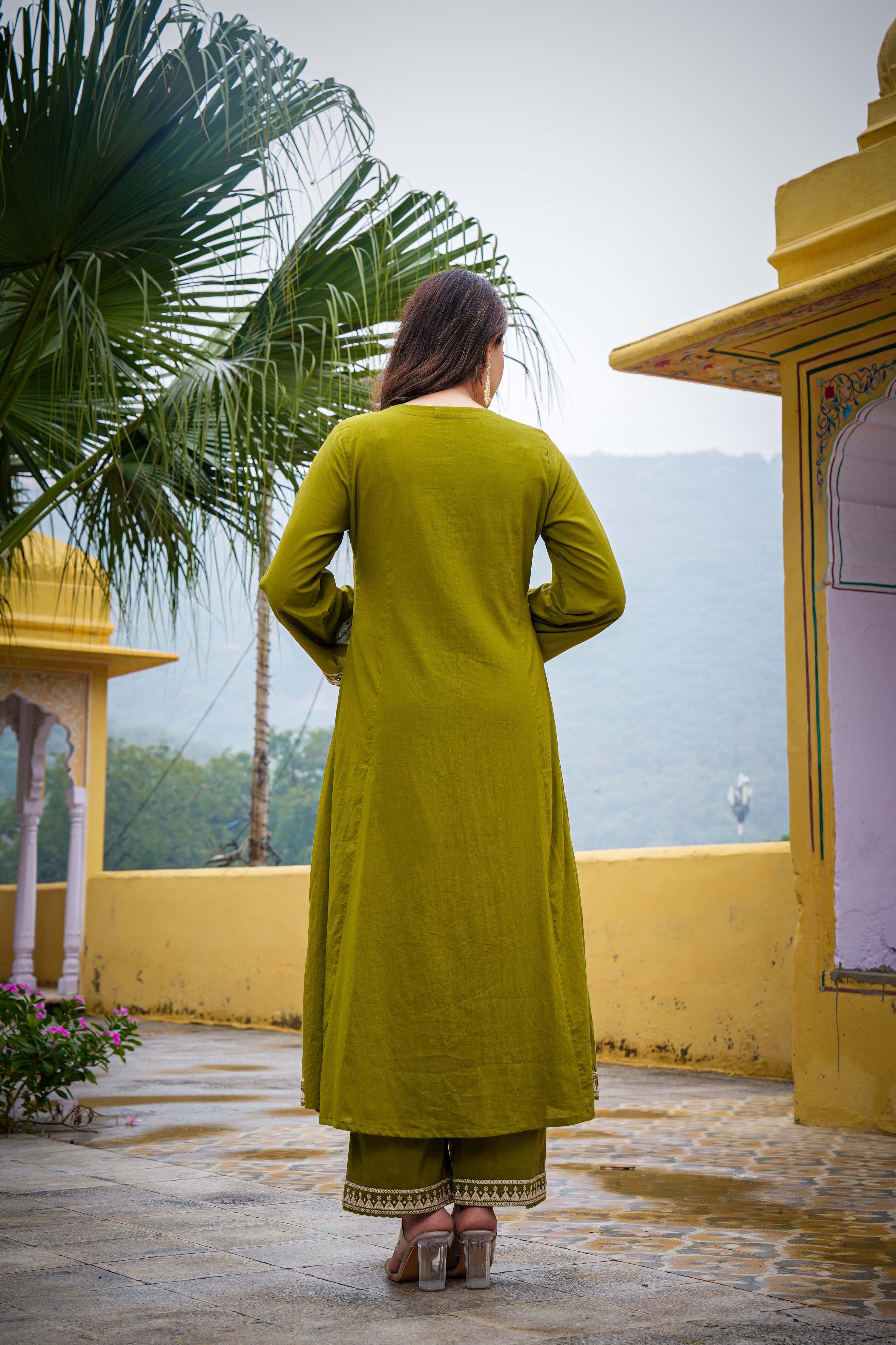 Olive Bloom Flared Mul Cotton Suit Set
