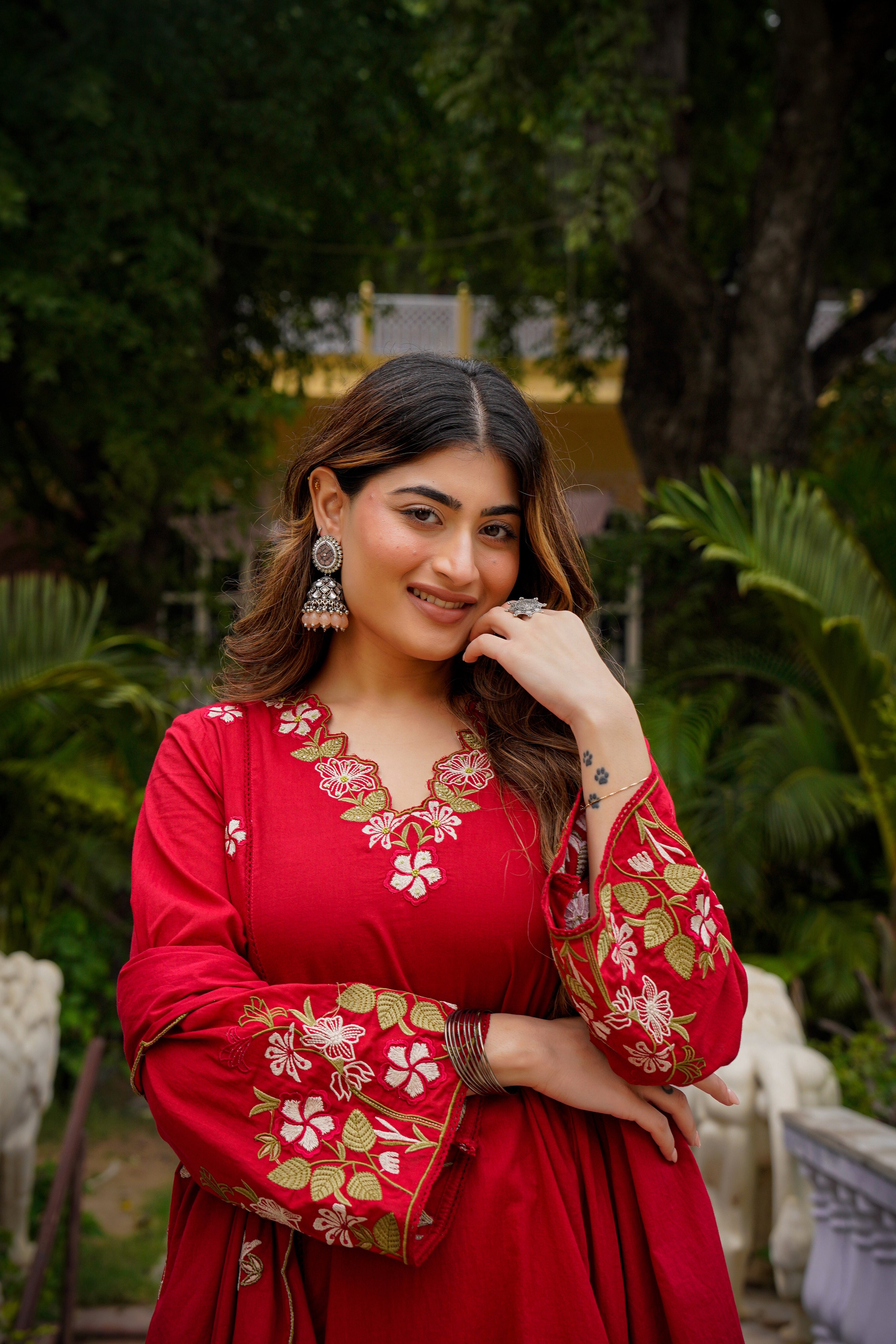 Crimson Charm Cotton Suit Set