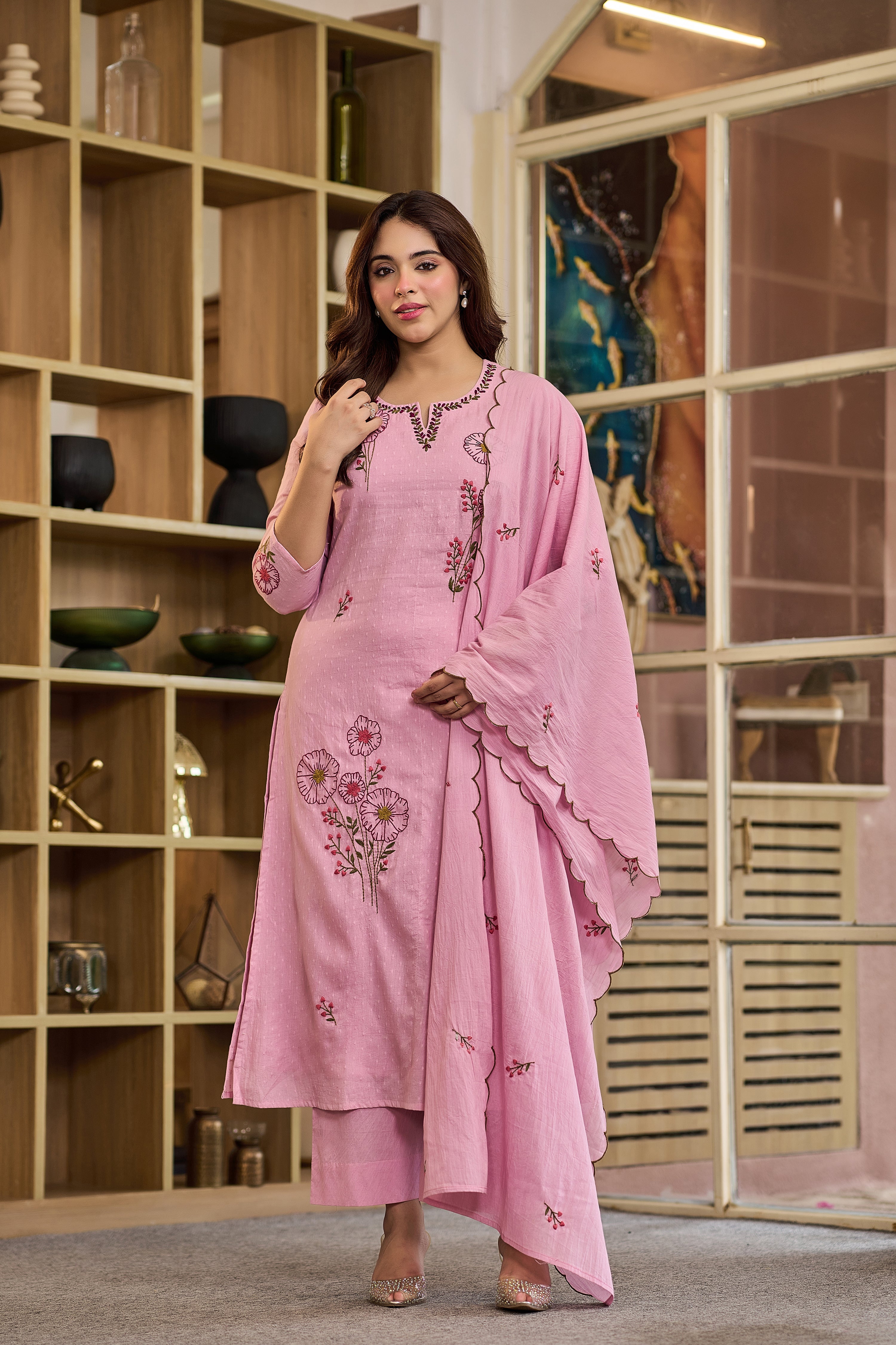 Floral Pink Embroidered Suit Set