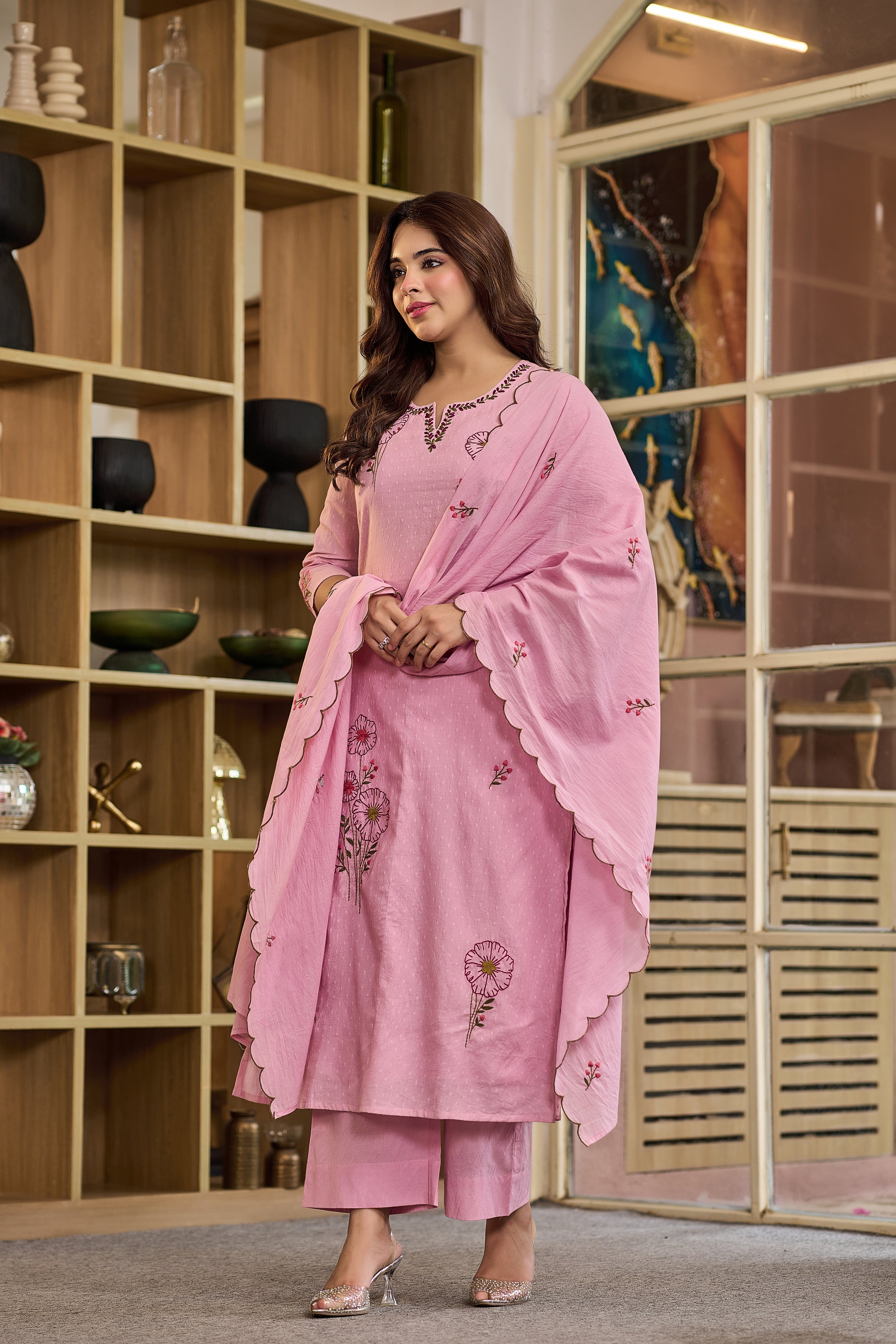 Floral Pink Embroidered Suit Set