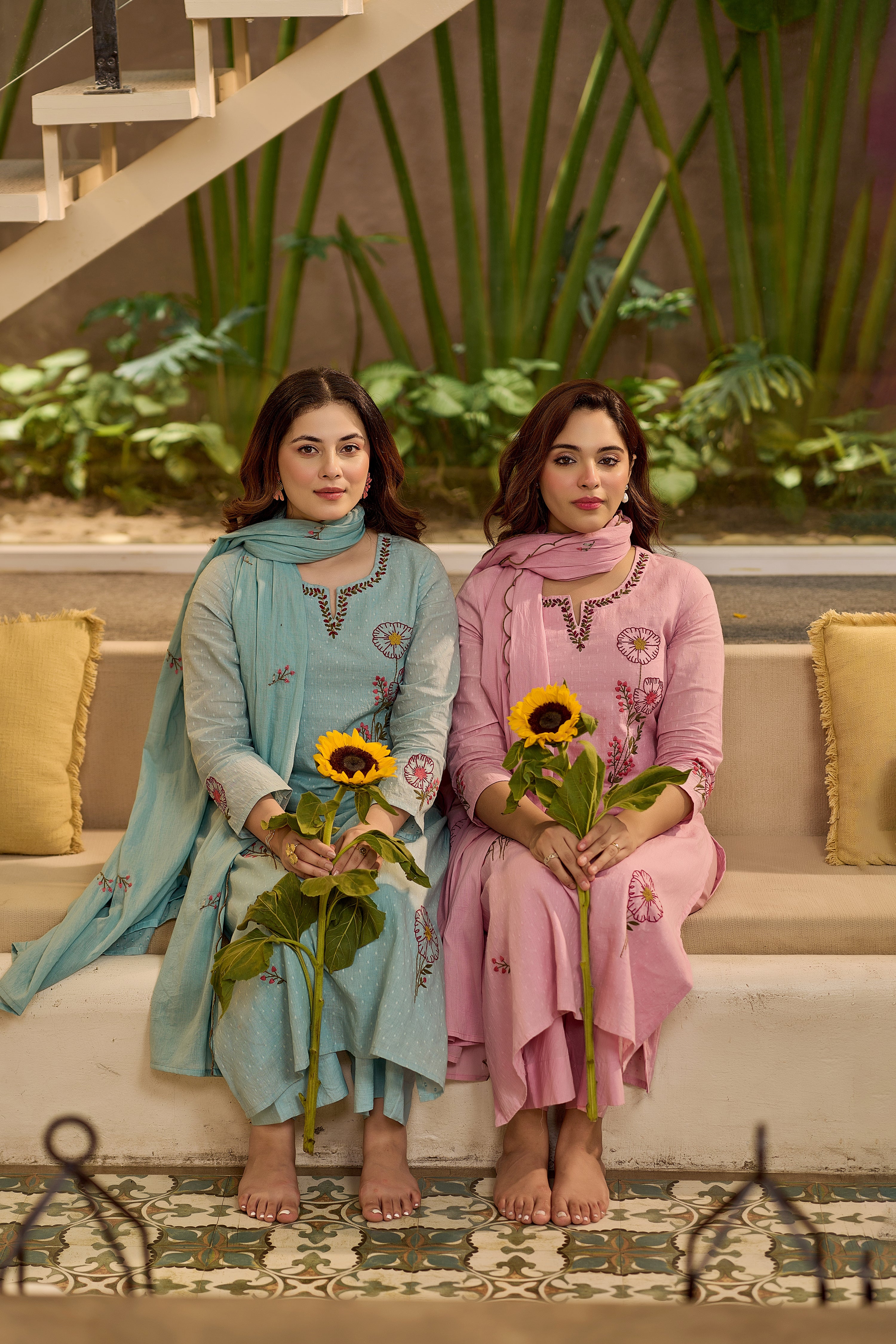Floral Pink Embroidered Suit Set
