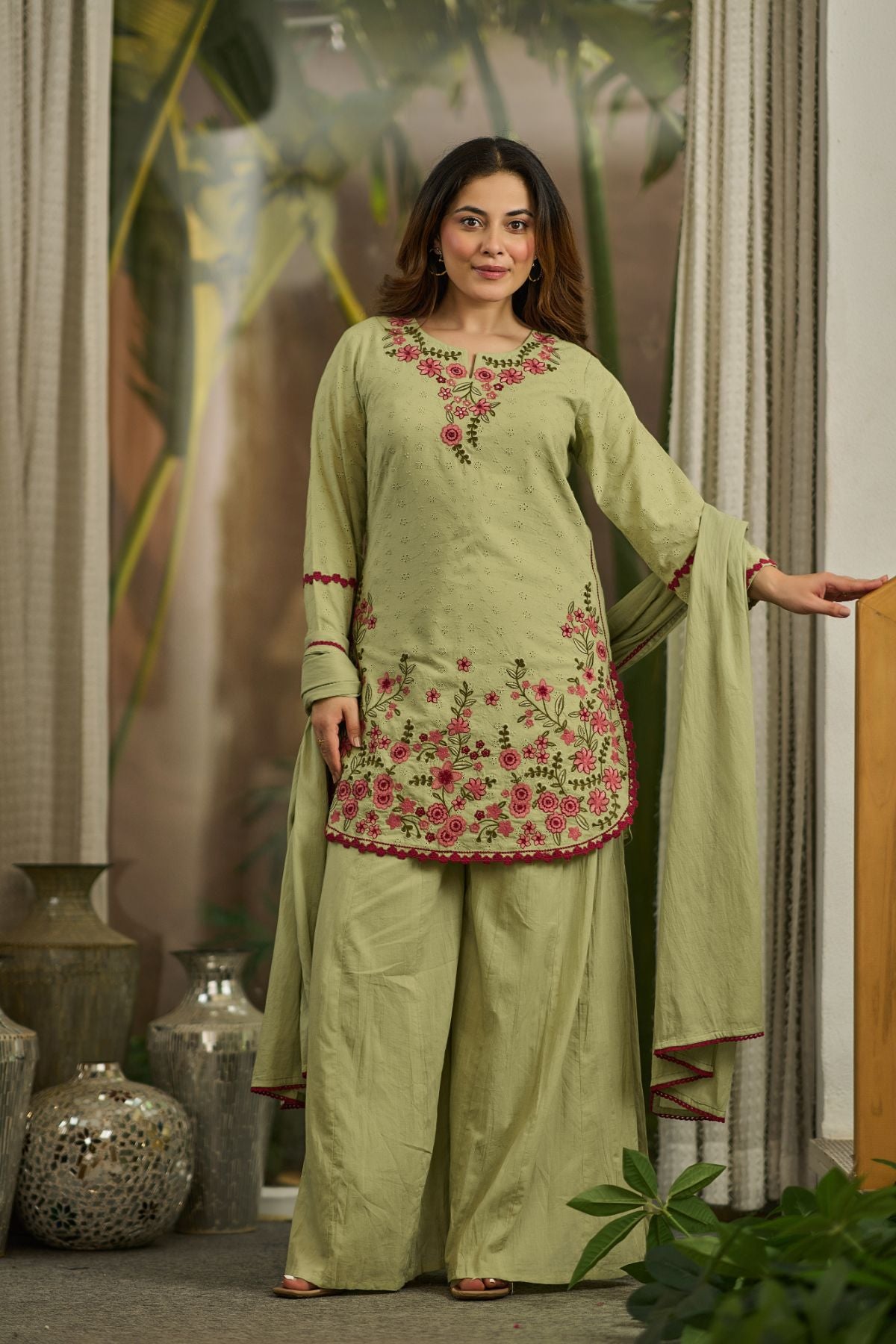 Olive Embroidered Suit Set