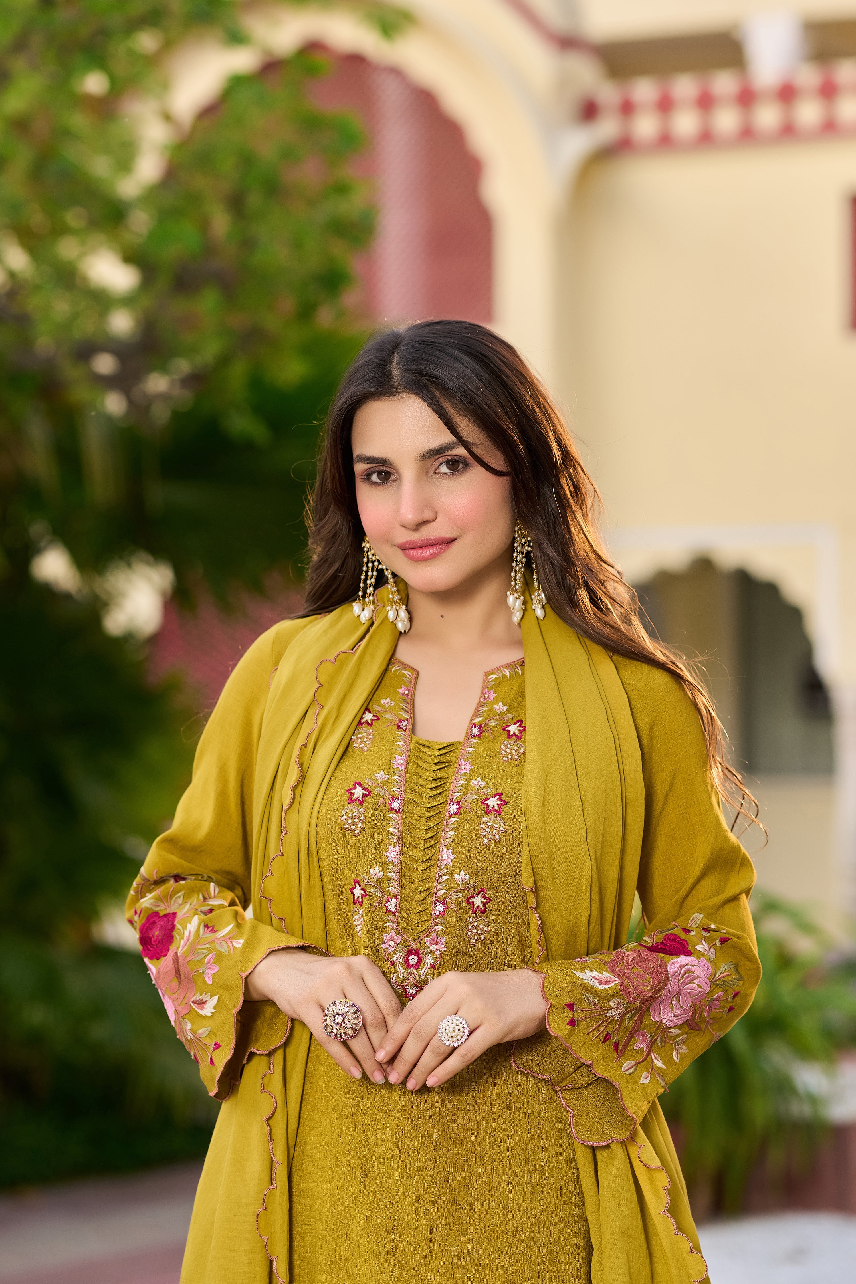 Mustard Bloom Embroidered Suit Set