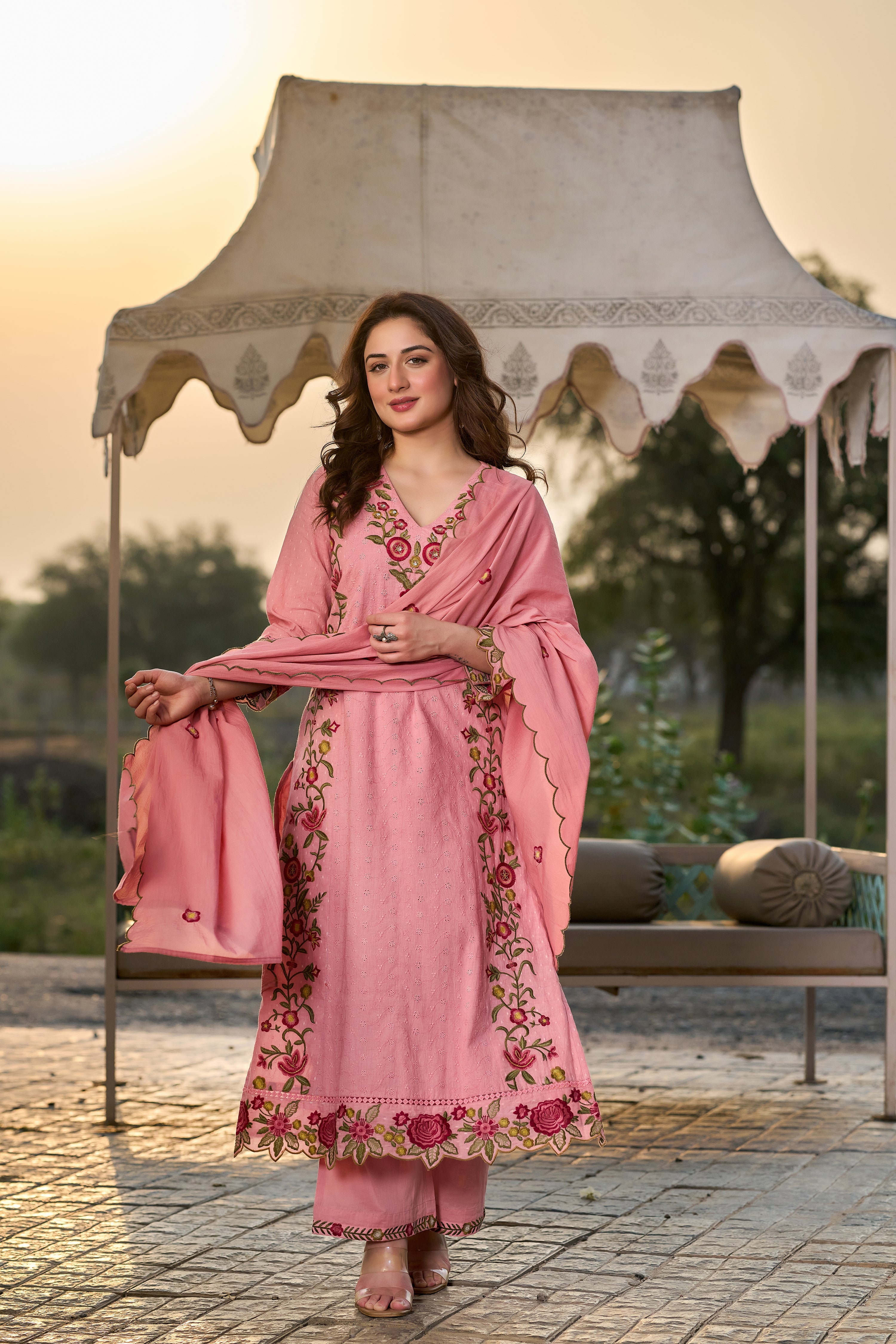 Rosy Embroidered Suit Set