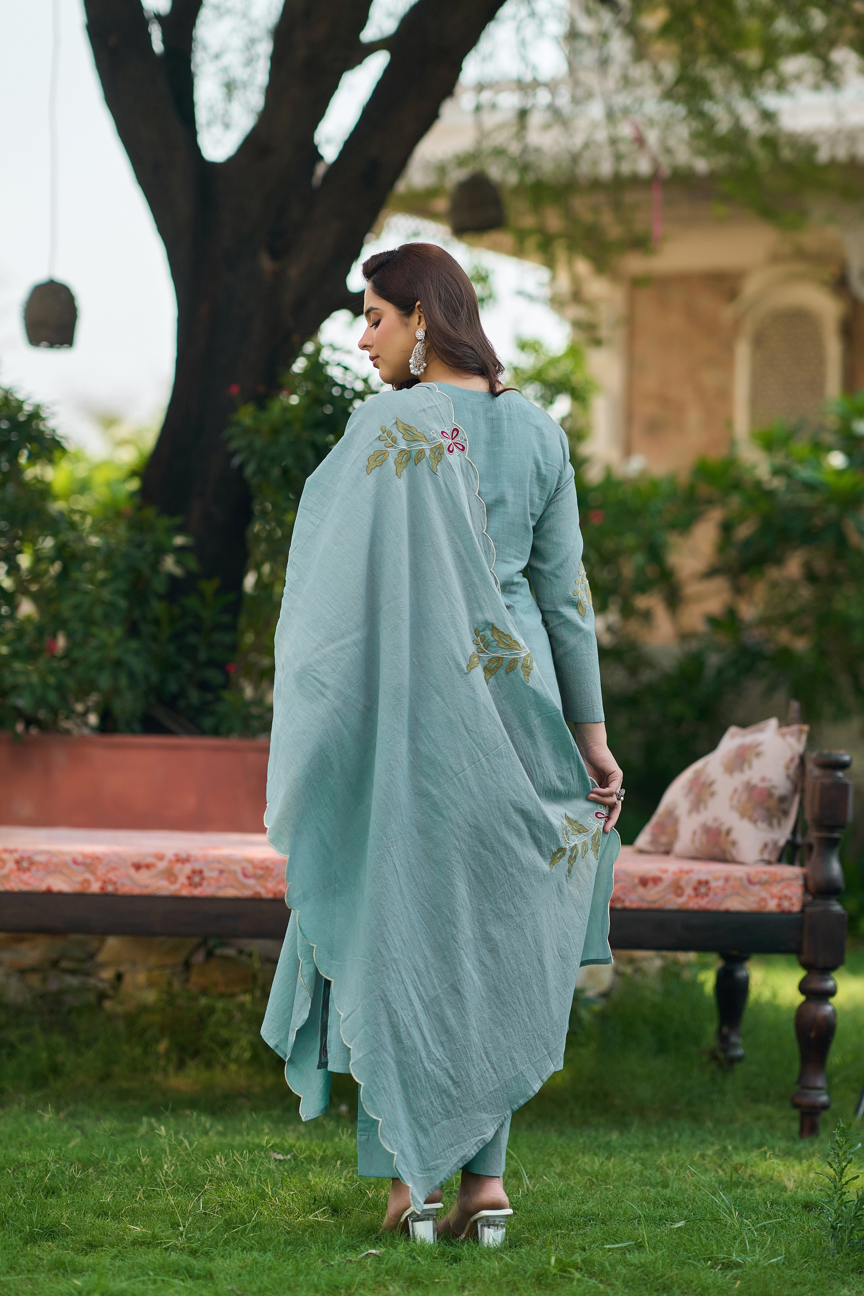 Aqua Blossom Embroidered Suit Set