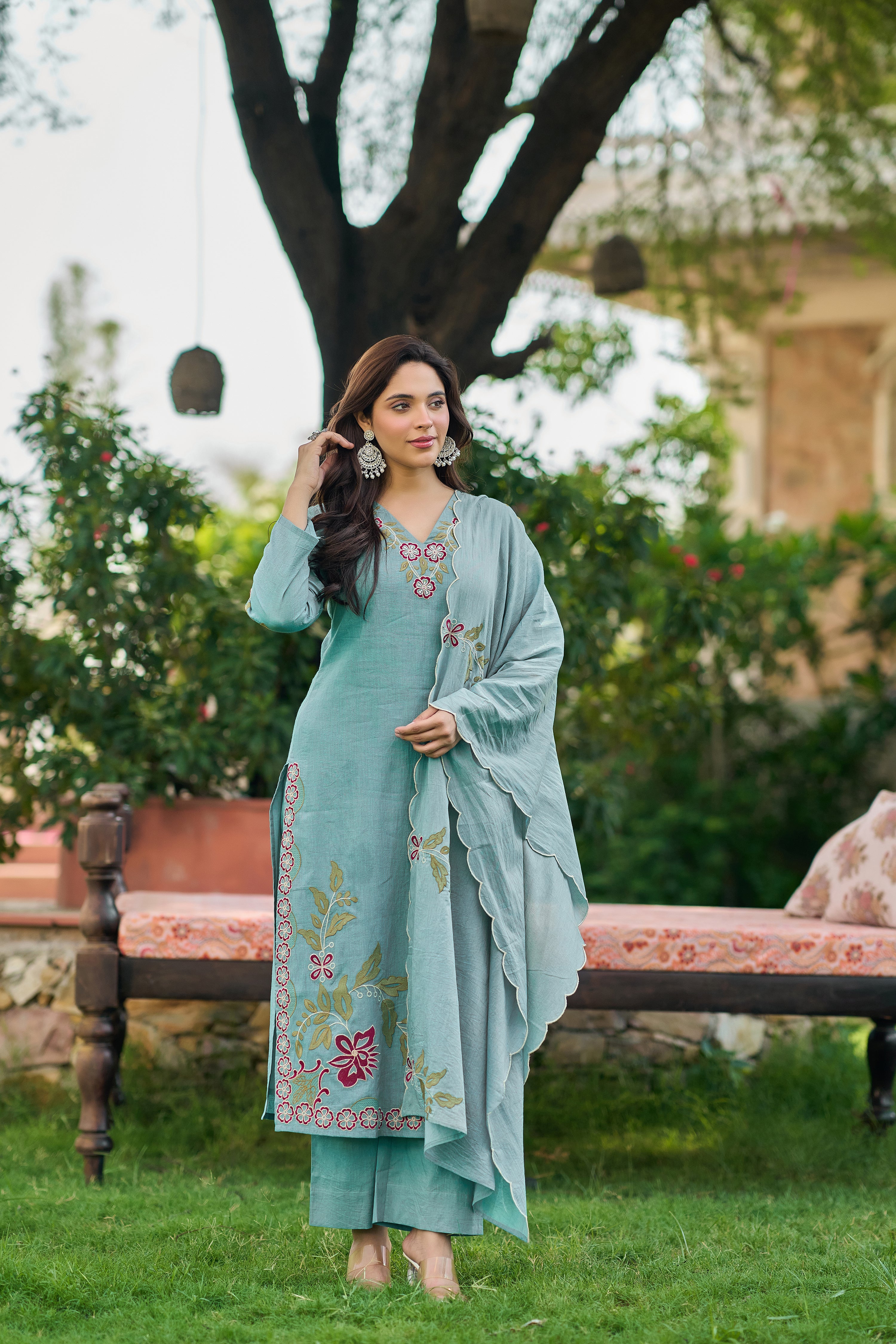 Aqua Blossom Embroidered Suit Set