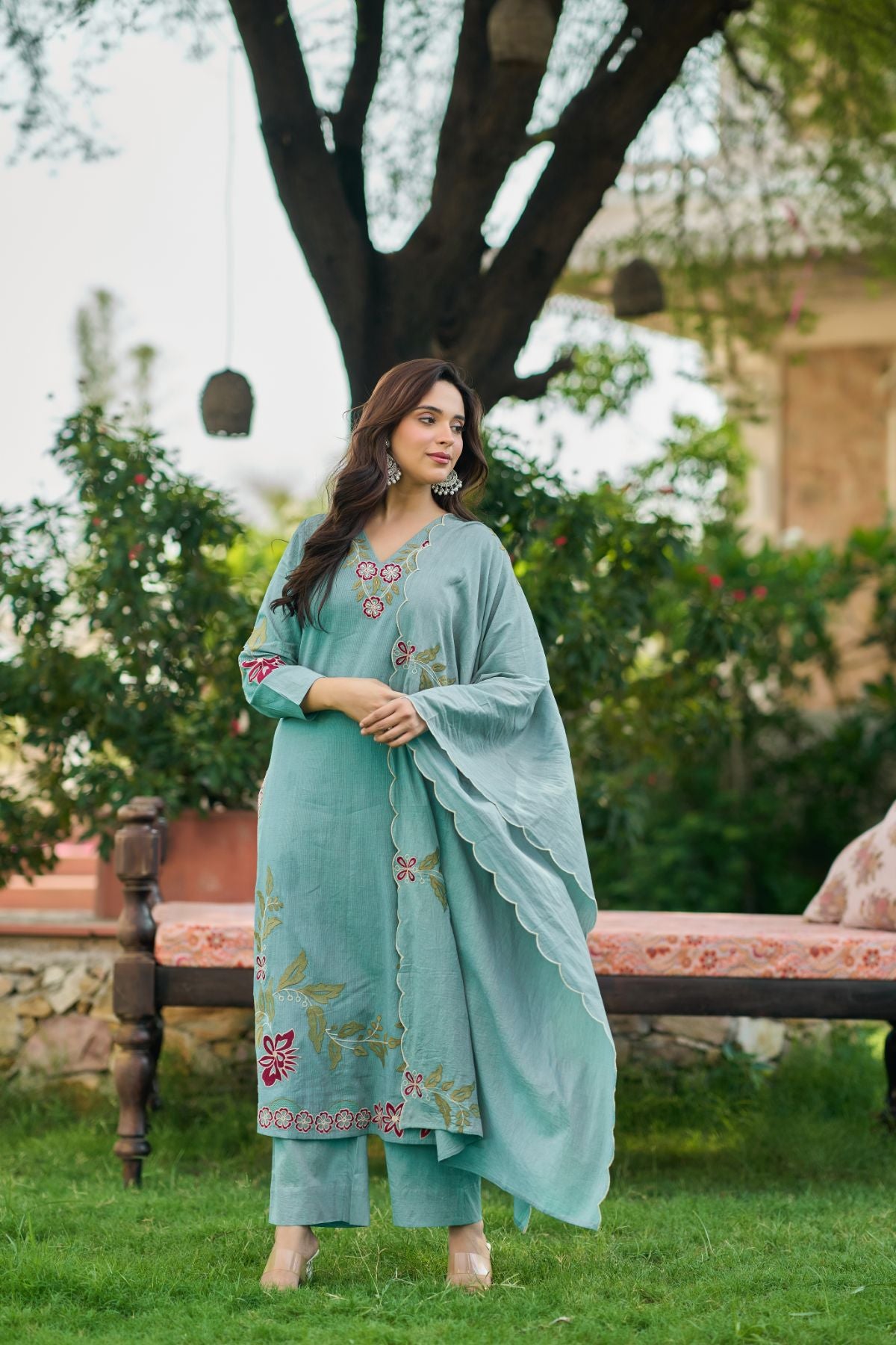 Aqua Blossom Embroidered Suit Set
