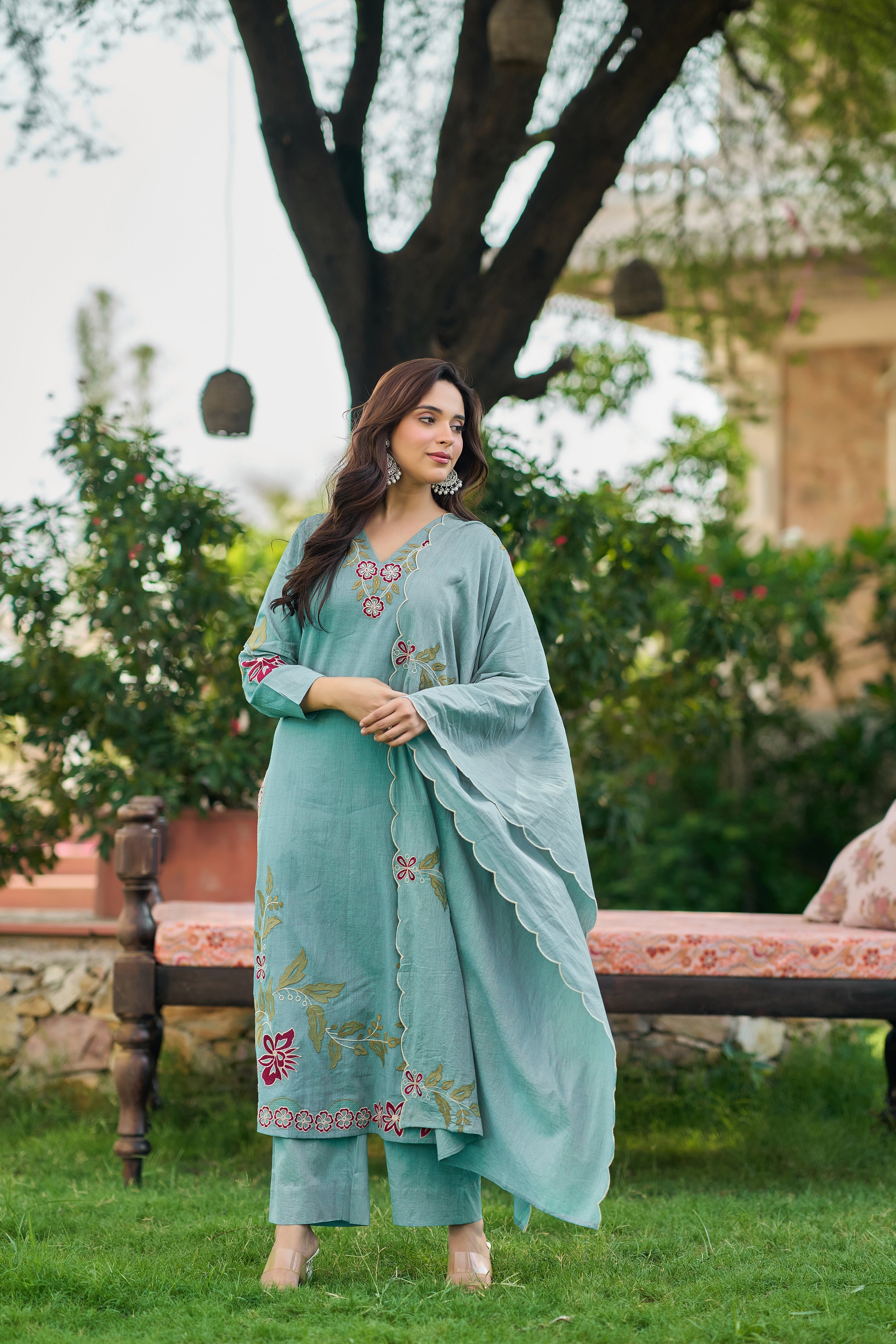 Aqua Blossom Embroidered Suit Set