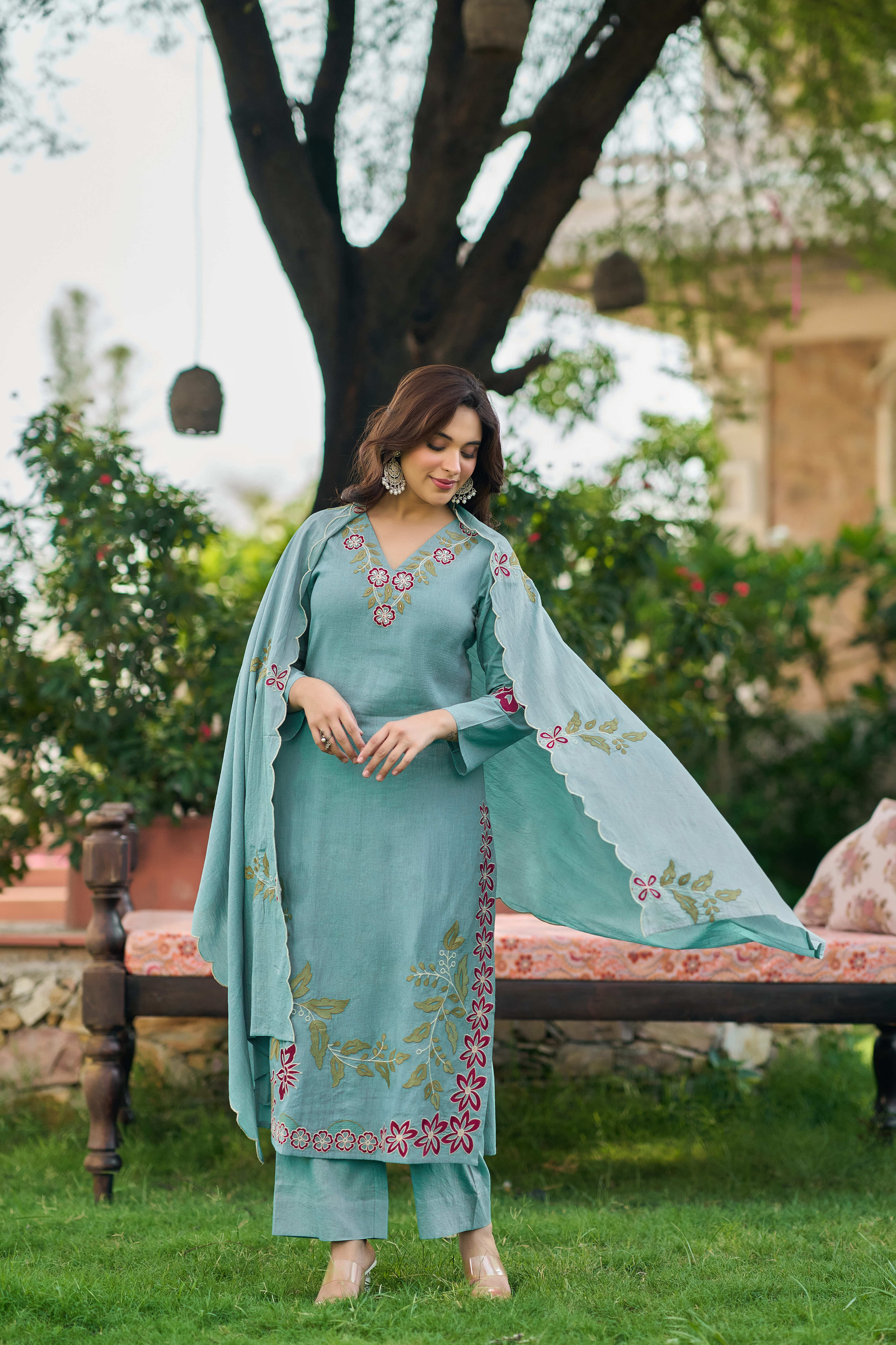 Aqua Blossom Embroidered Suit Set