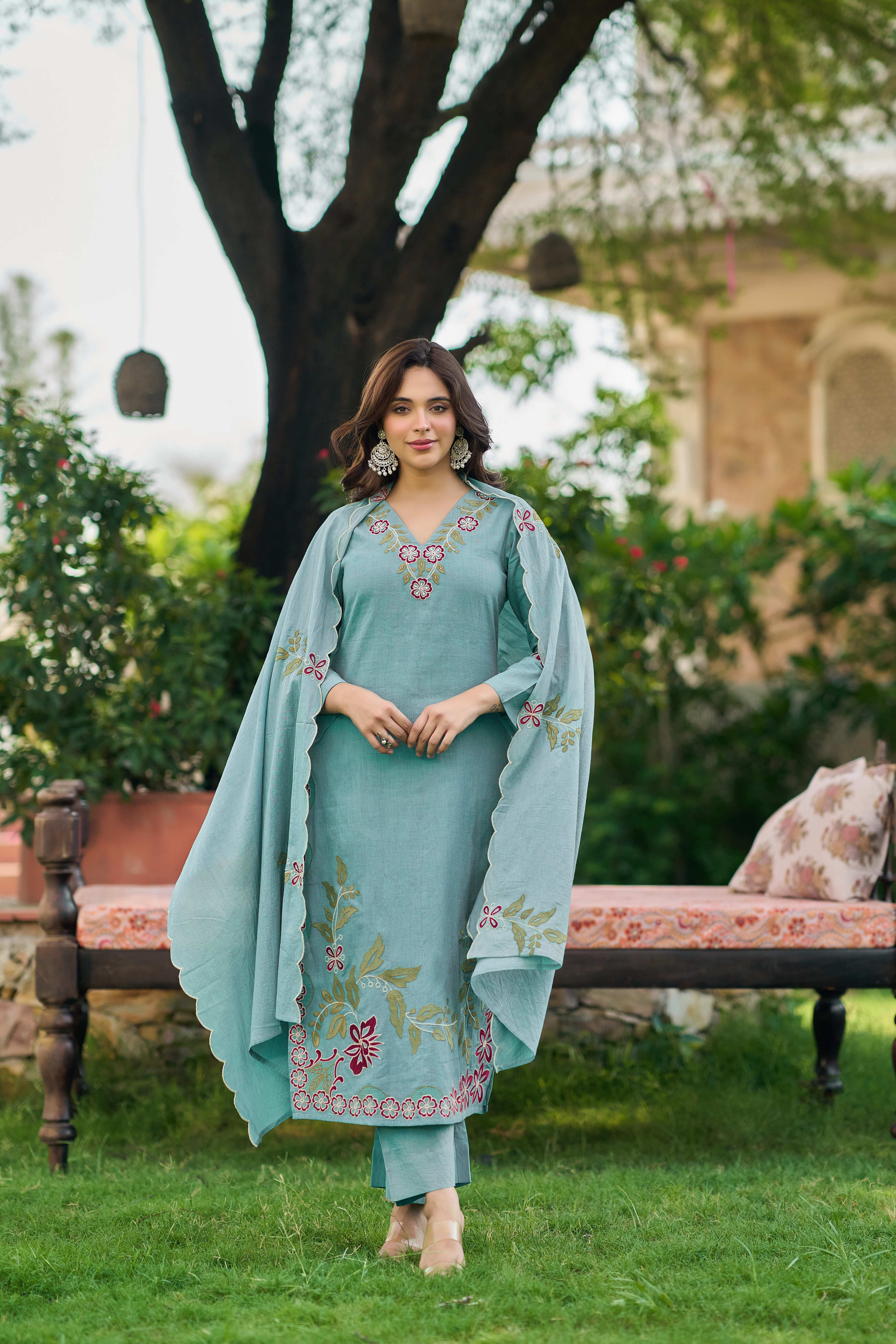 Aqua Blossom Embroidered Suit Set
