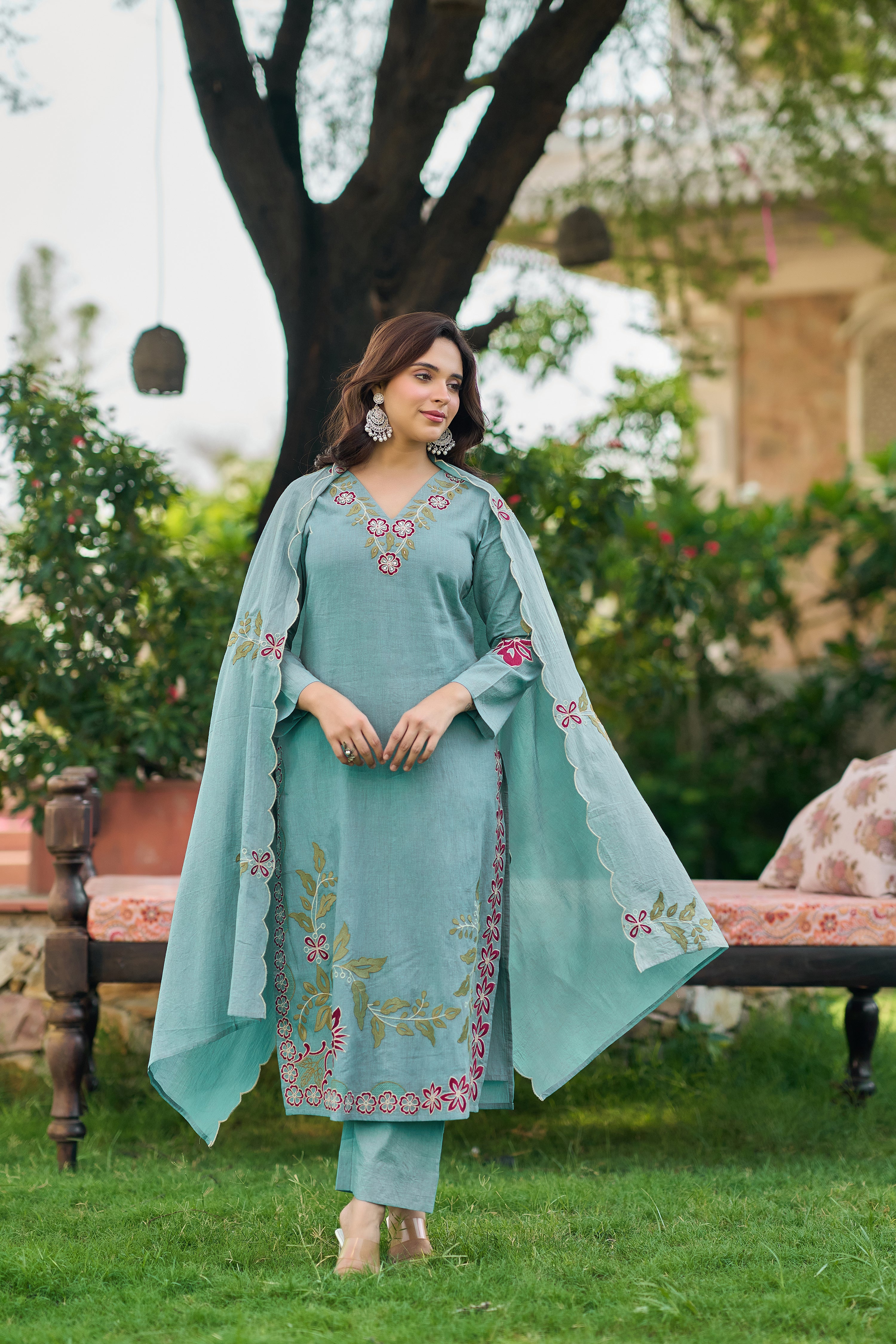 Aqua Blossom Embroidered Suit Set