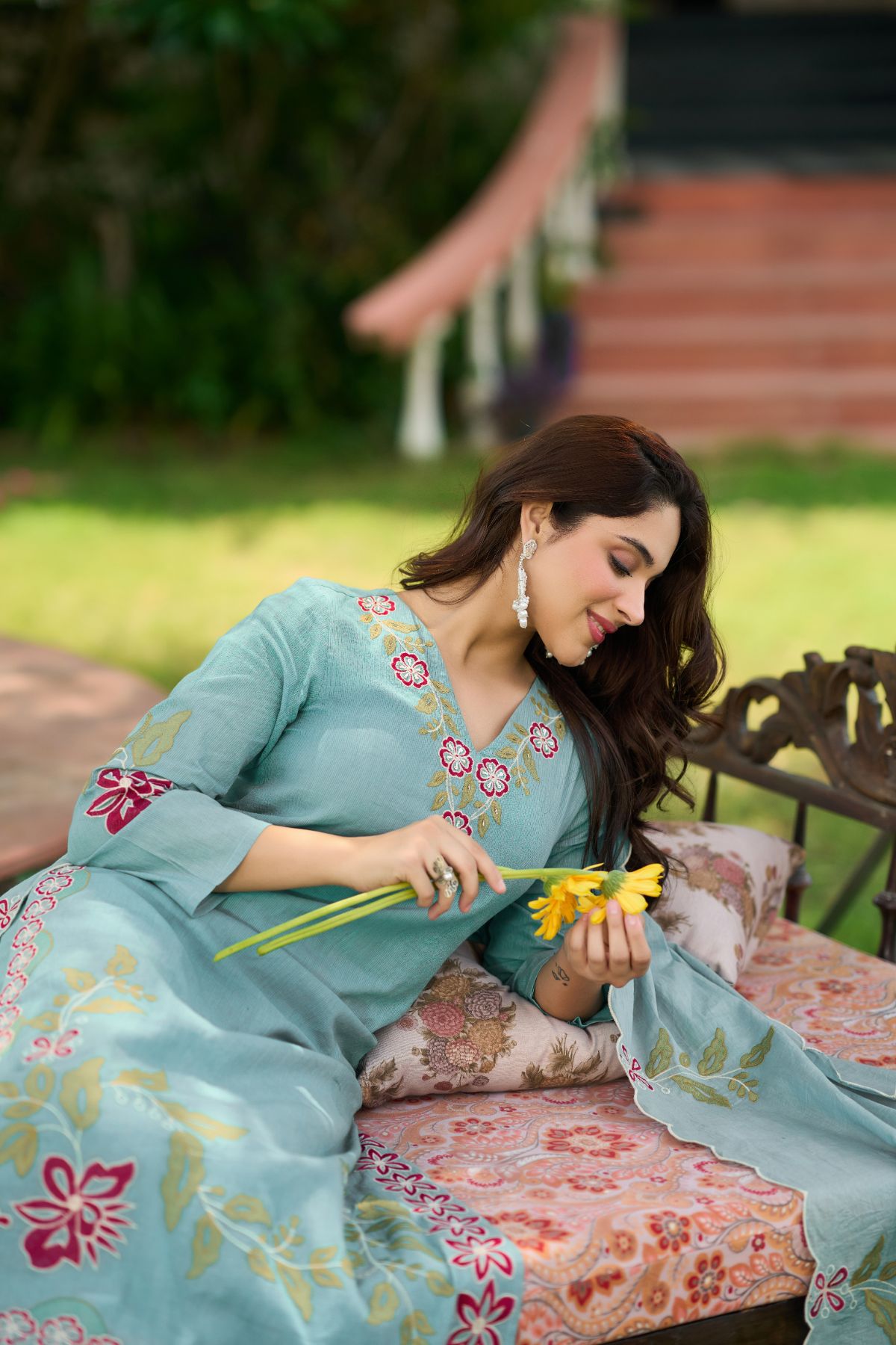 Aqua Blossom Embroidered Suit Set