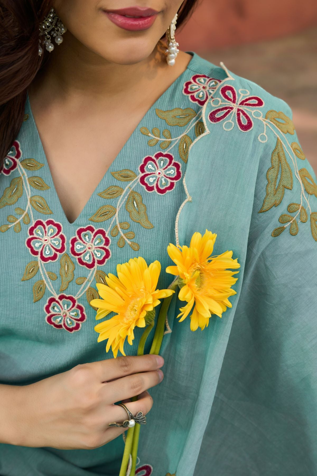 Aqua Blossom Embroidered Suit Set