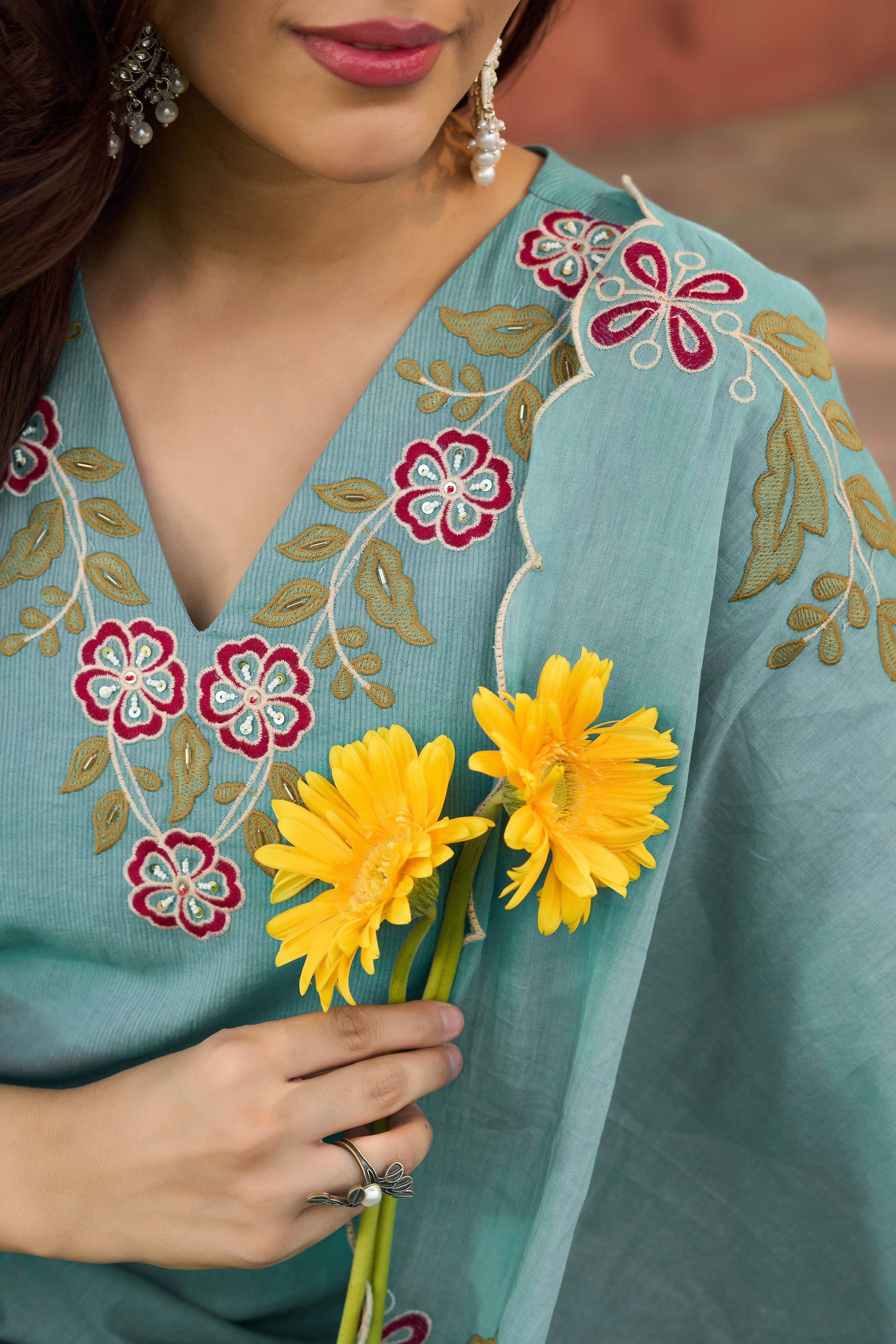 Aqua Blossom Embroidered Suit Set