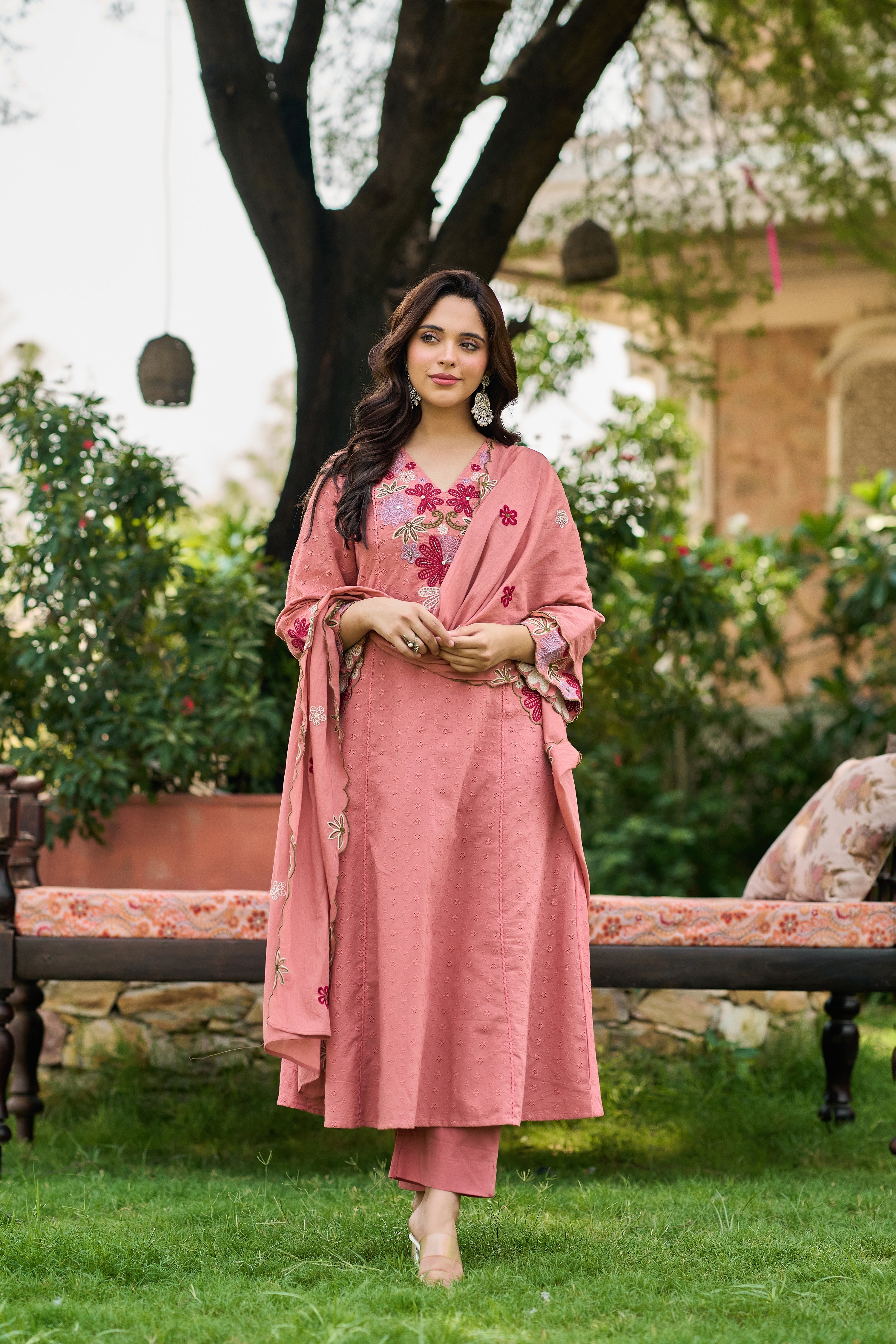 Pink Bloom Embroidered Set