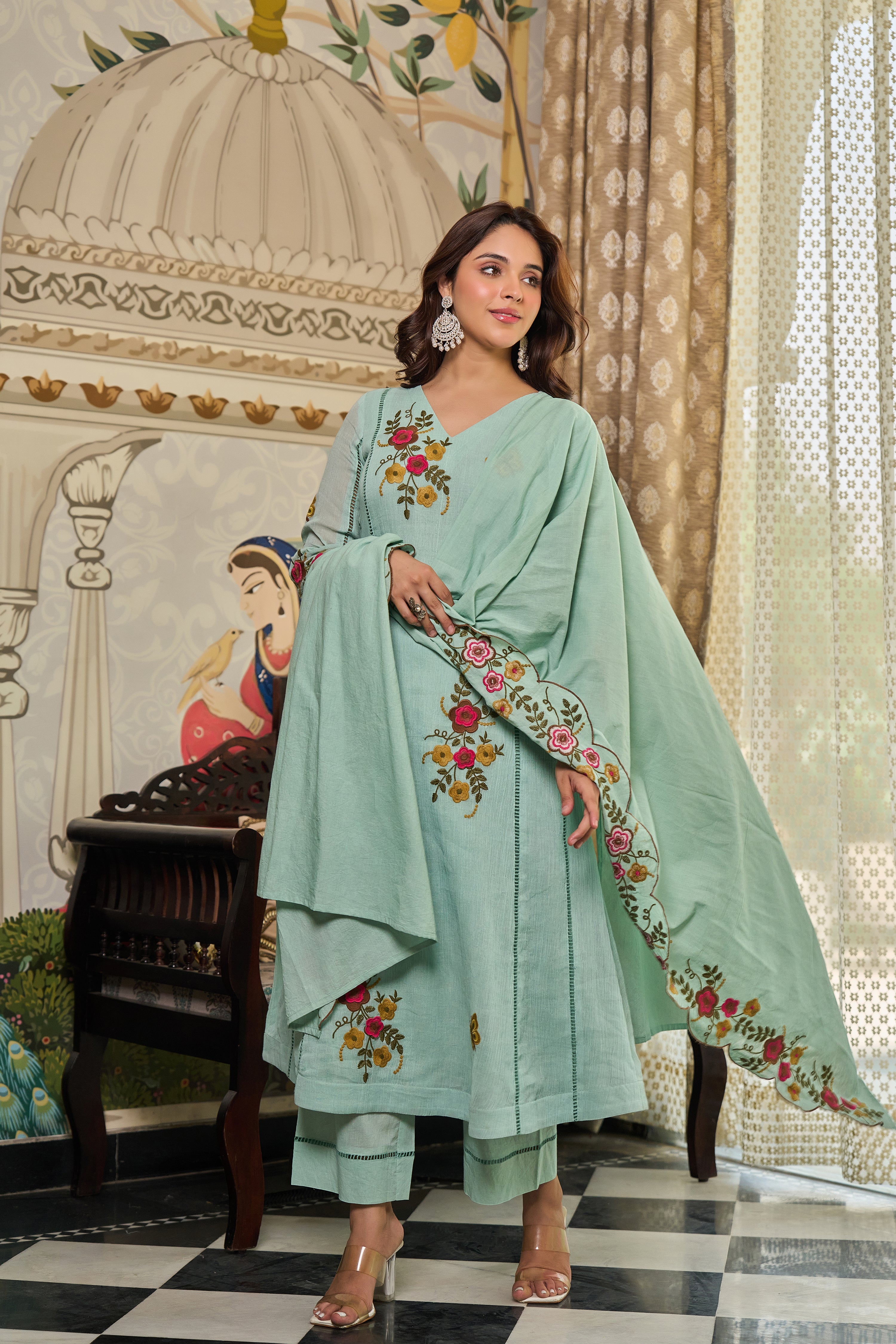 Mint Flora Embroidered Suit Set