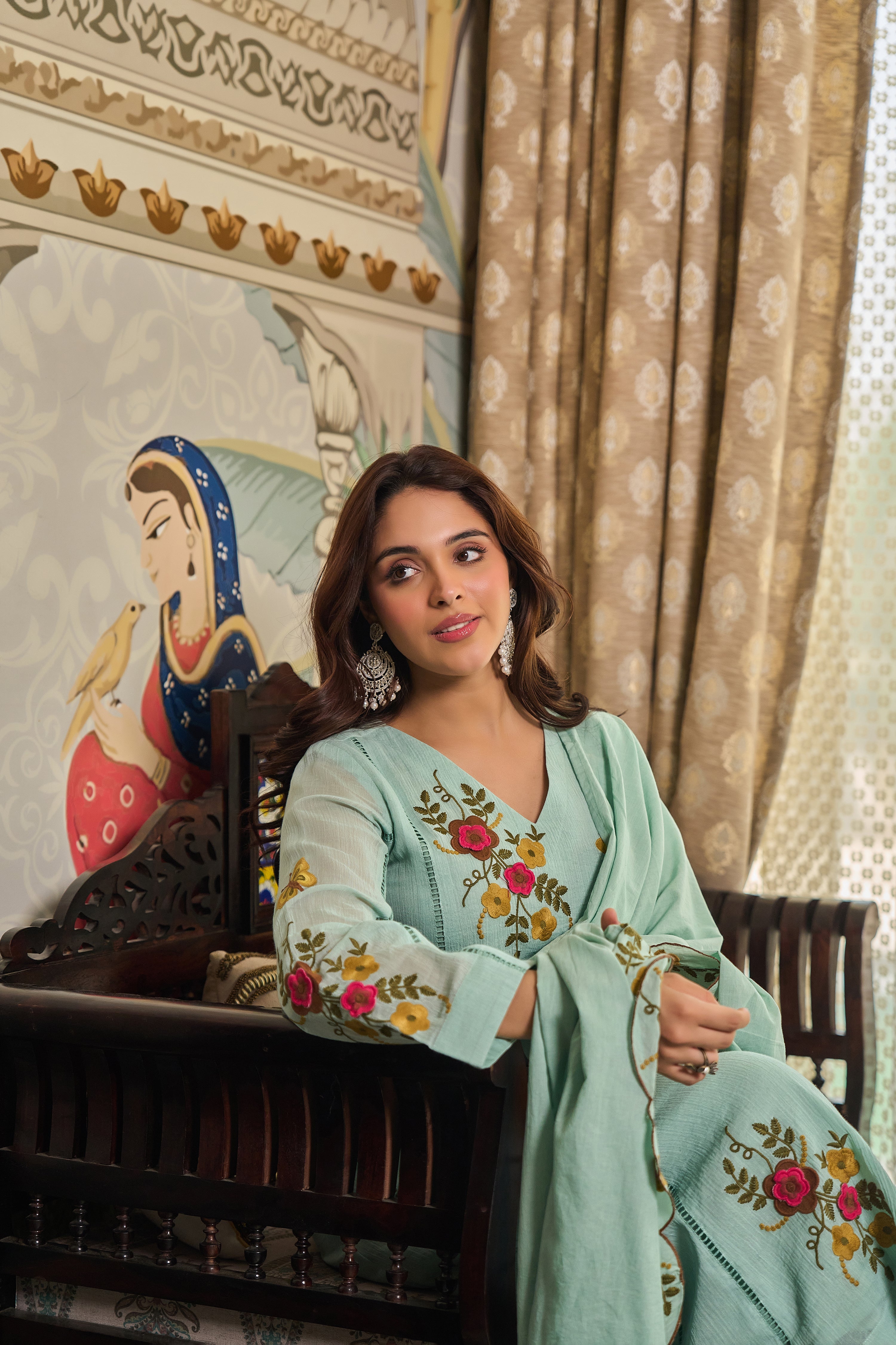 Mint Flora Embroidered Suit Set
