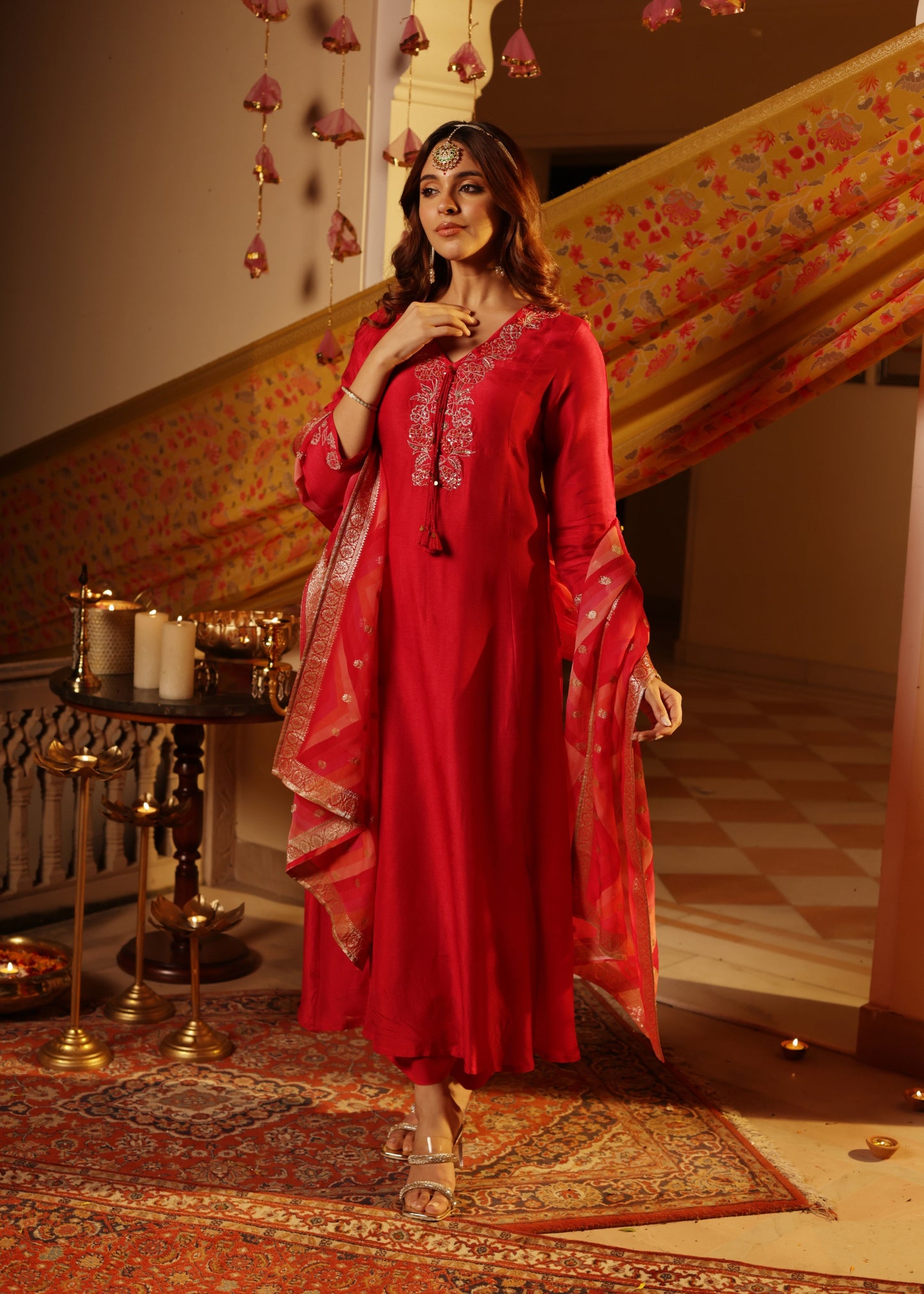 Rosy Flame Silk Suit Set