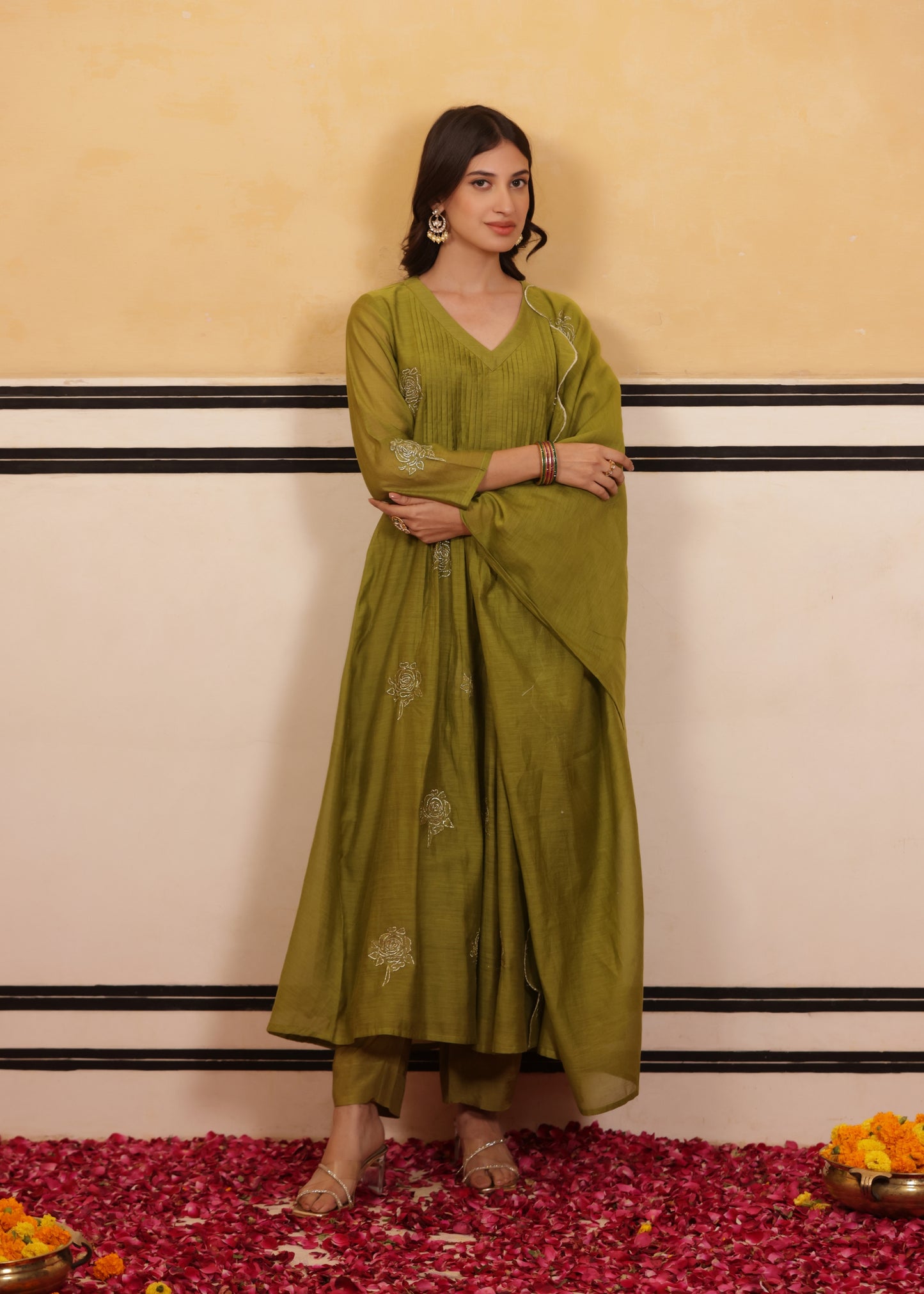 Lush Olive Chanderi Suit Set