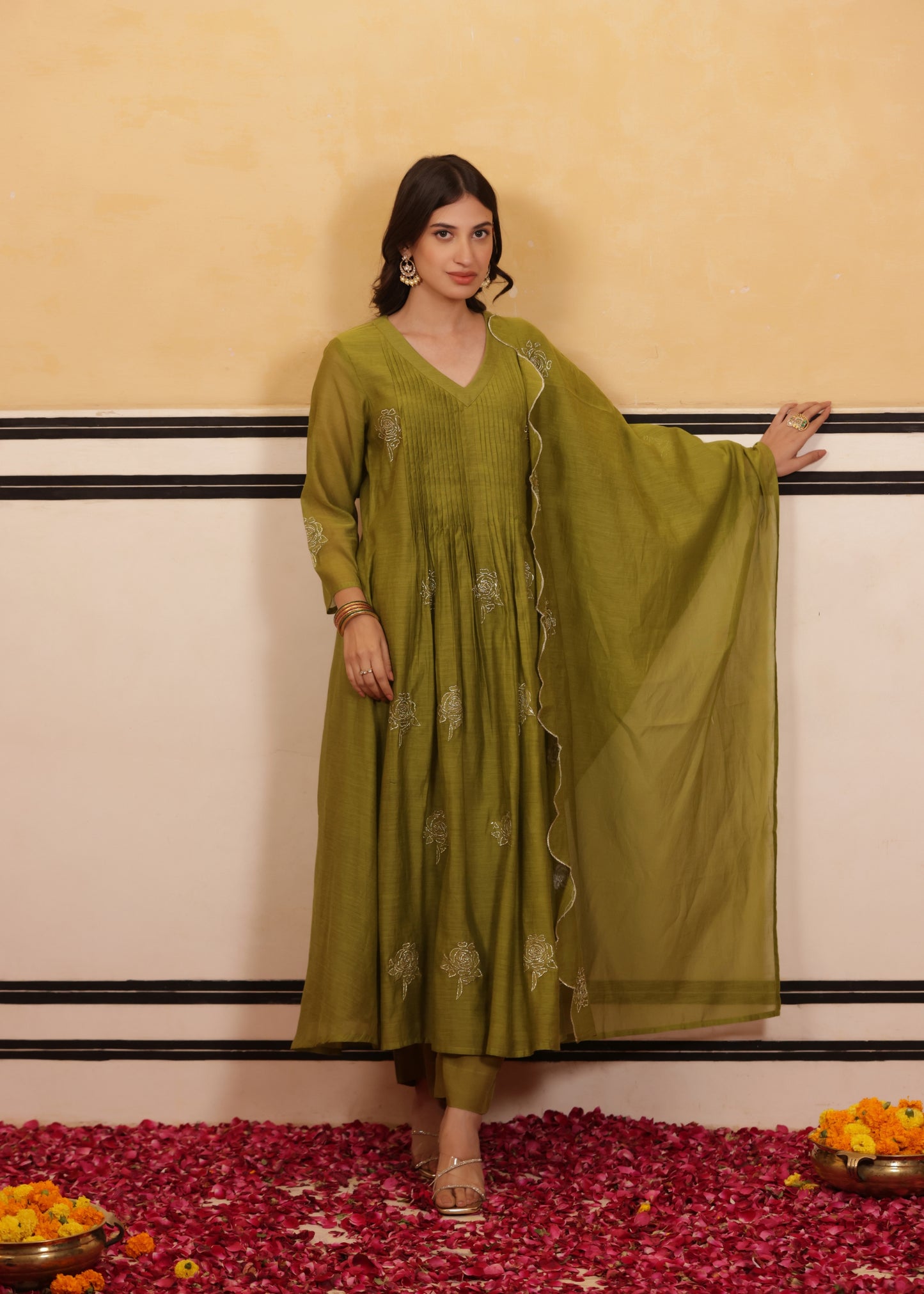 Lush Olive Chanderi Suit Set