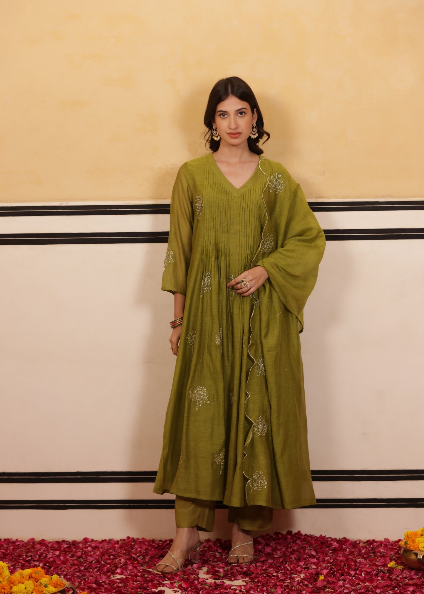 Lush Olive Chanderi Suit Set