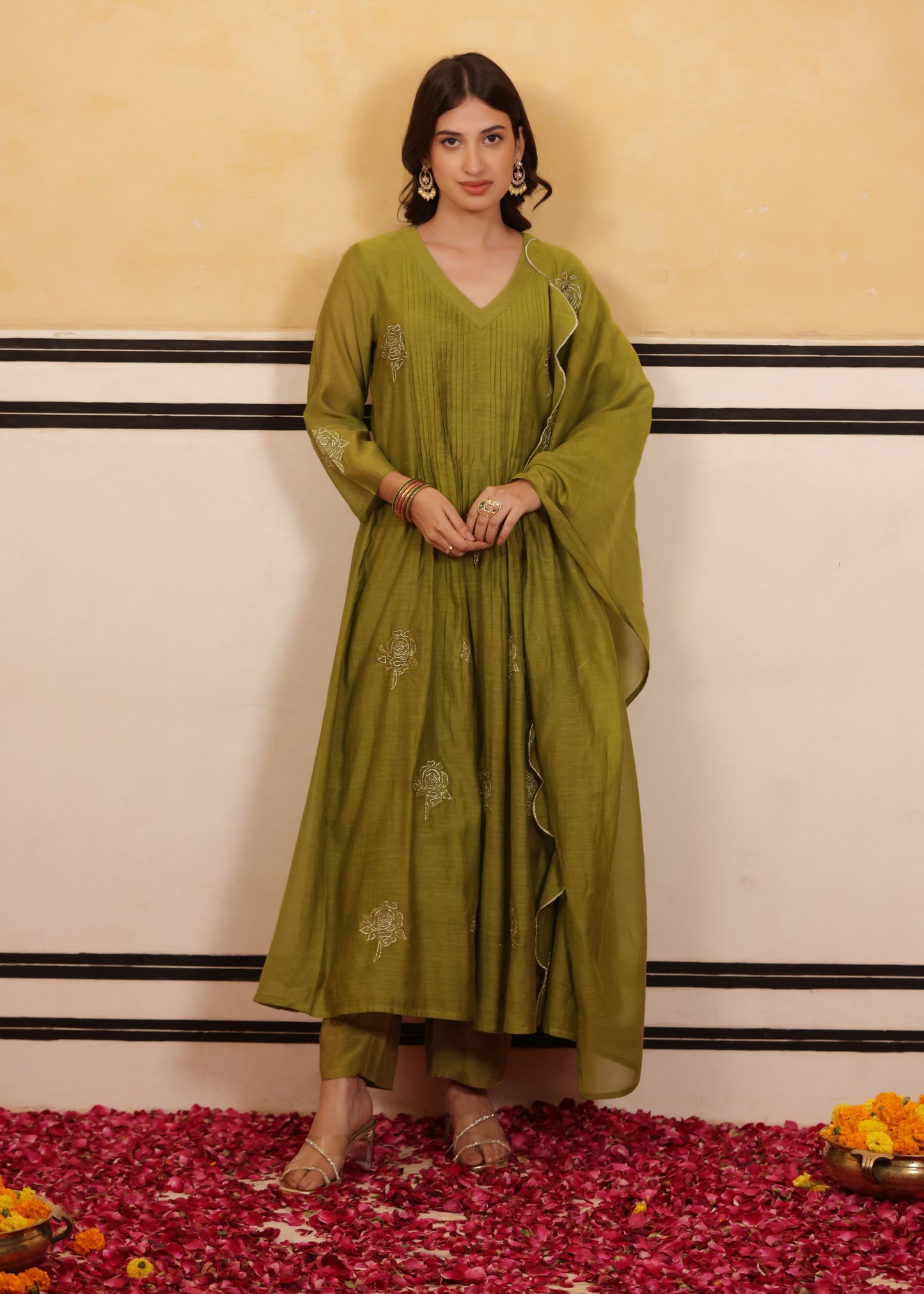 Lush Olive Chanderi Suit Set