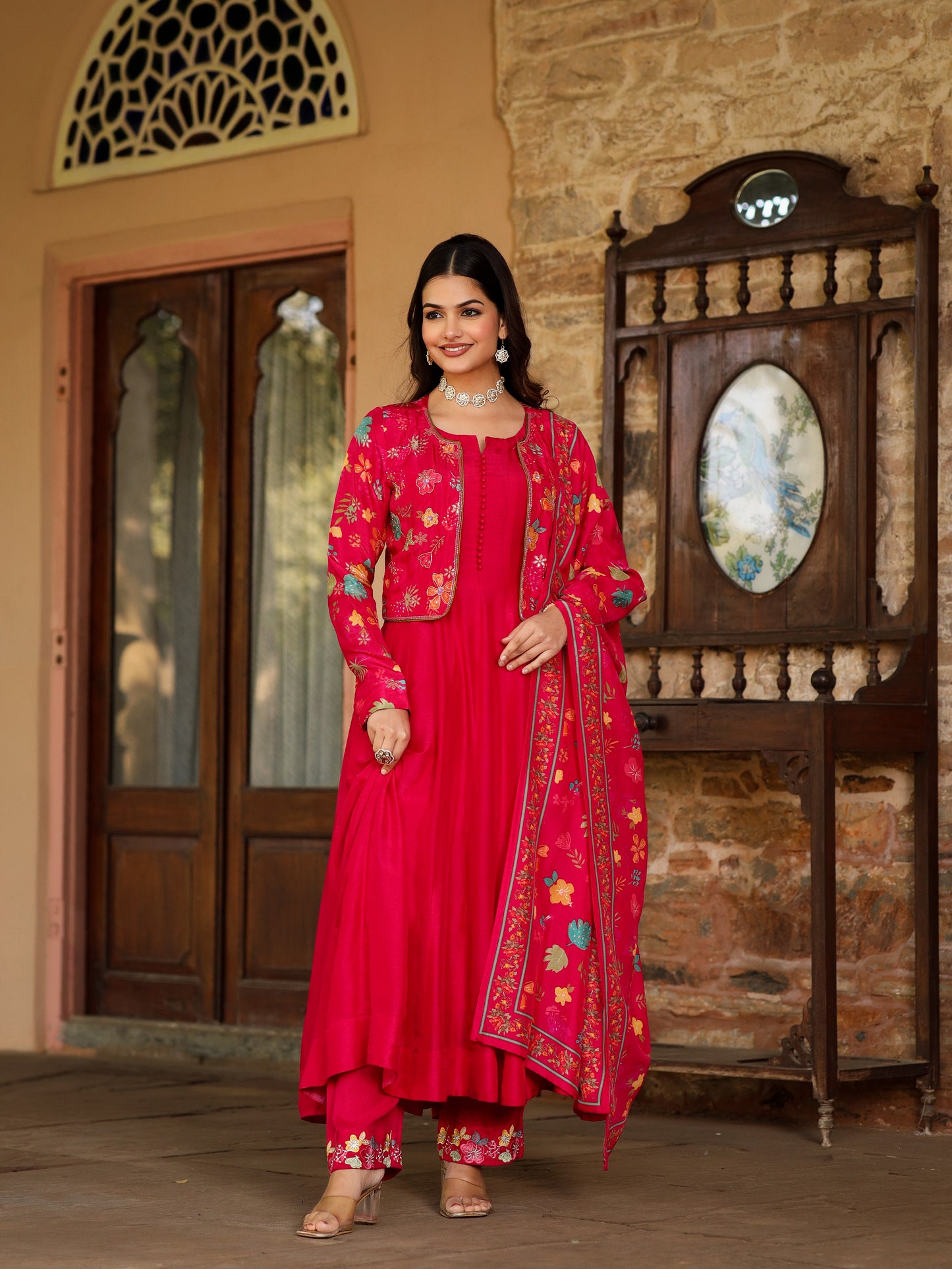 Cherry Red Silk & Printed Jacket Set