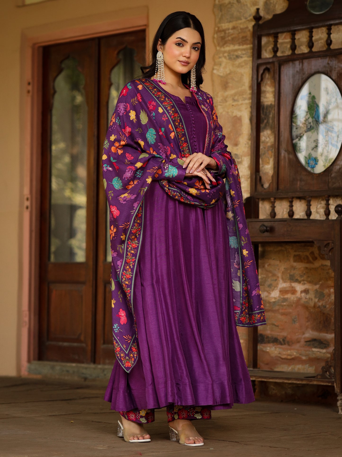 Purple Dola Silk & Printed Jacket Set