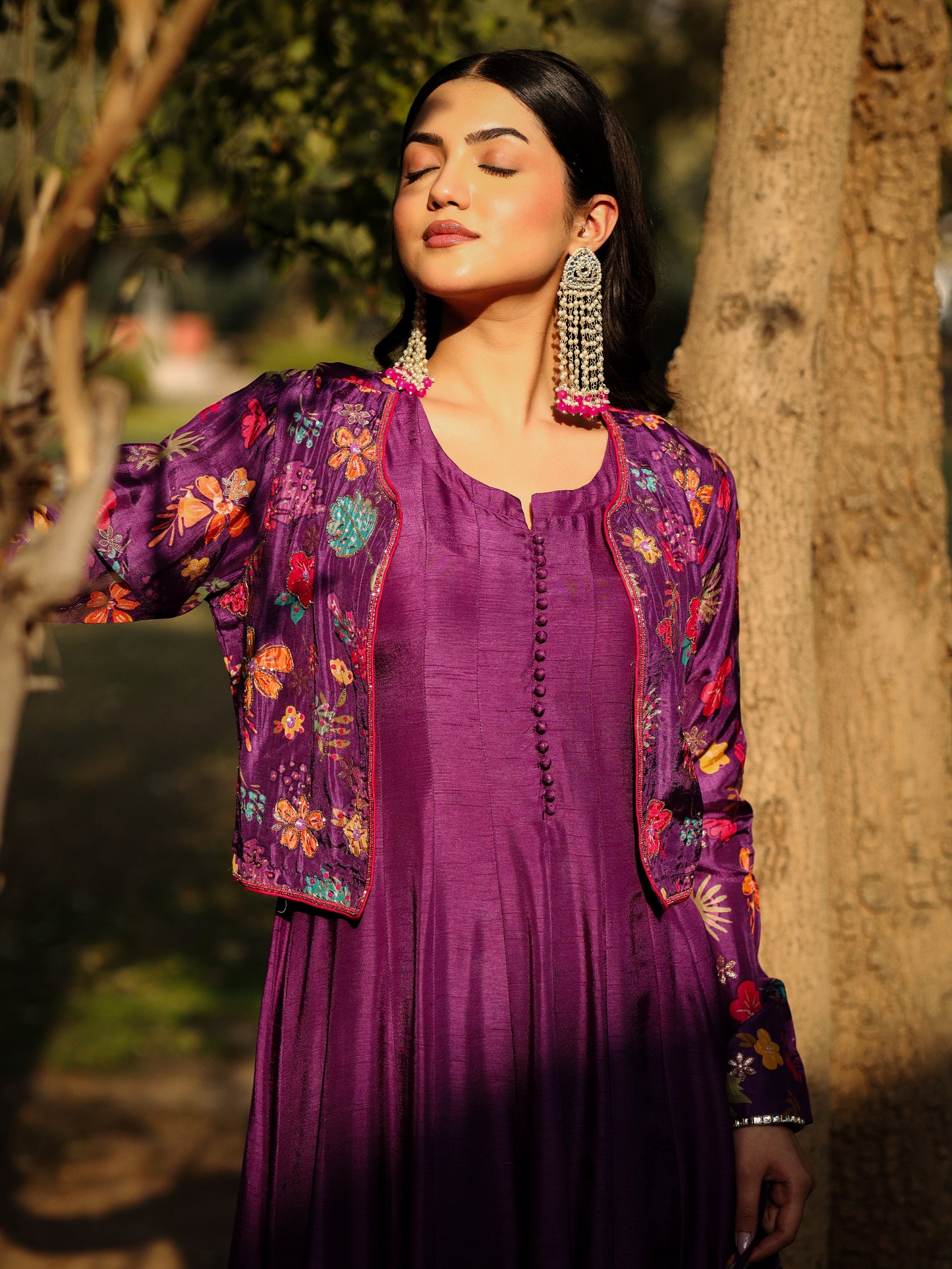 Purple Dola Silk & Printed Jacket Set