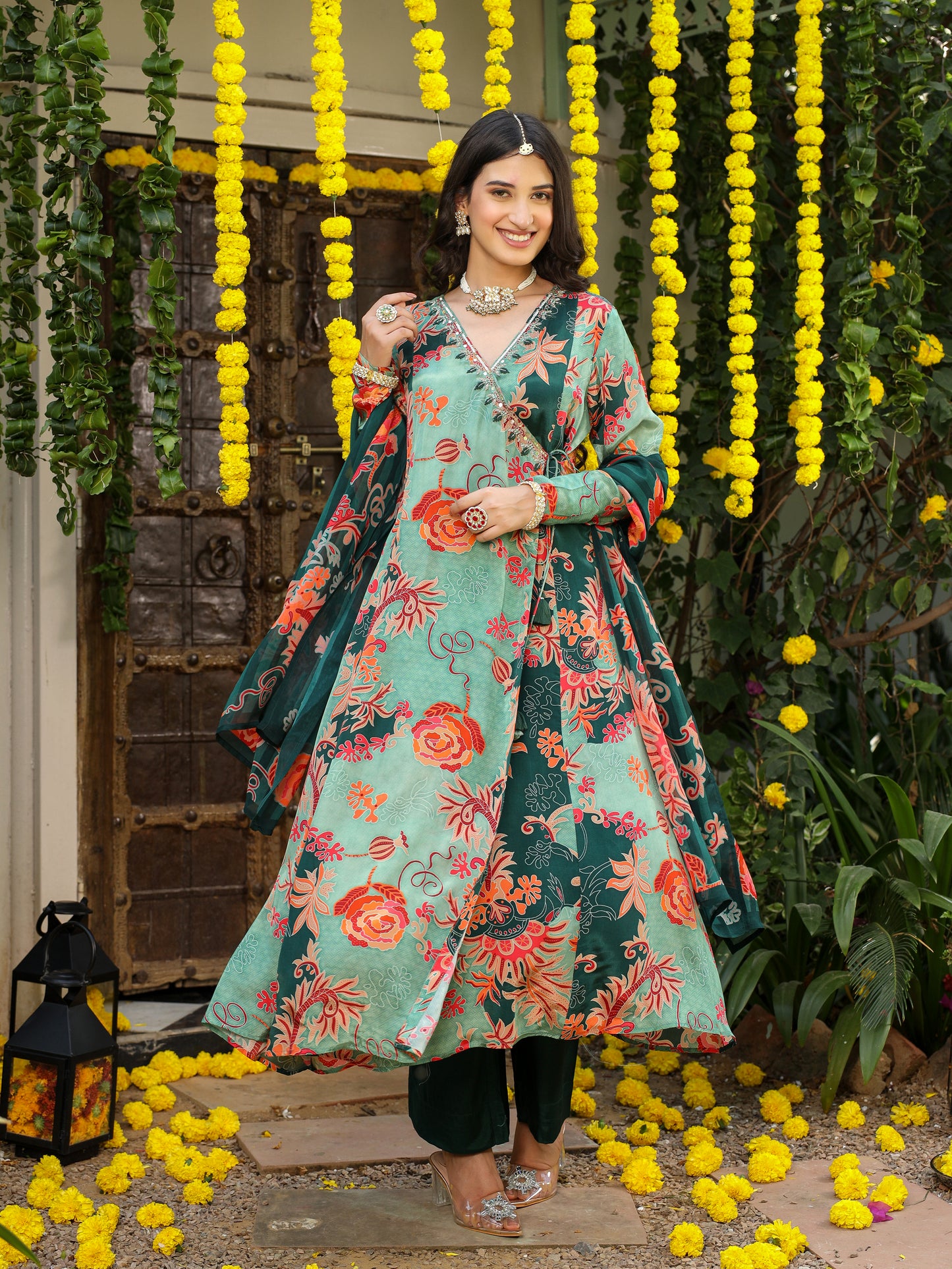Sabz green Floral printed Angrakhaa set