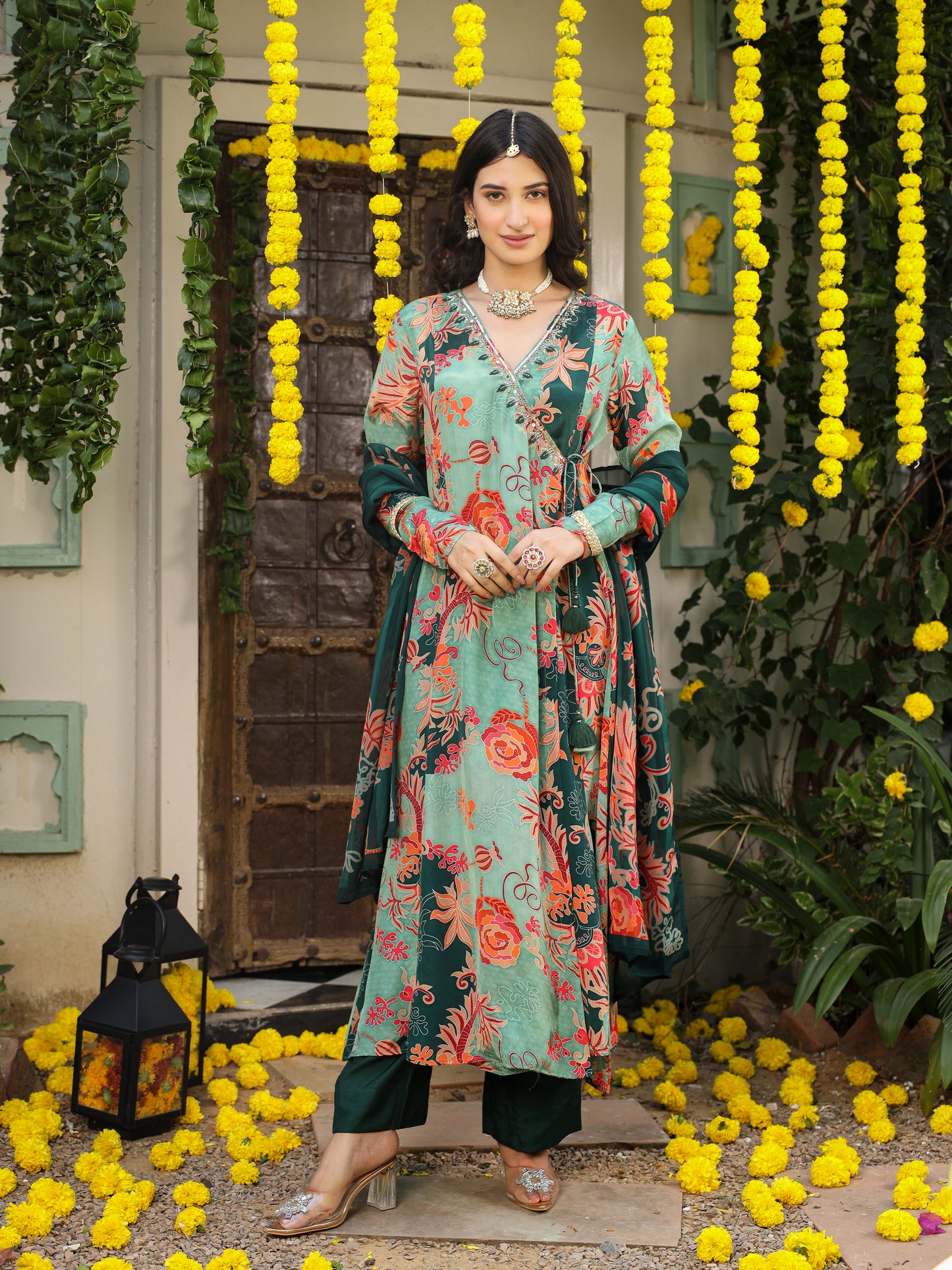 Sabz green Floral printed Angrakhaa set